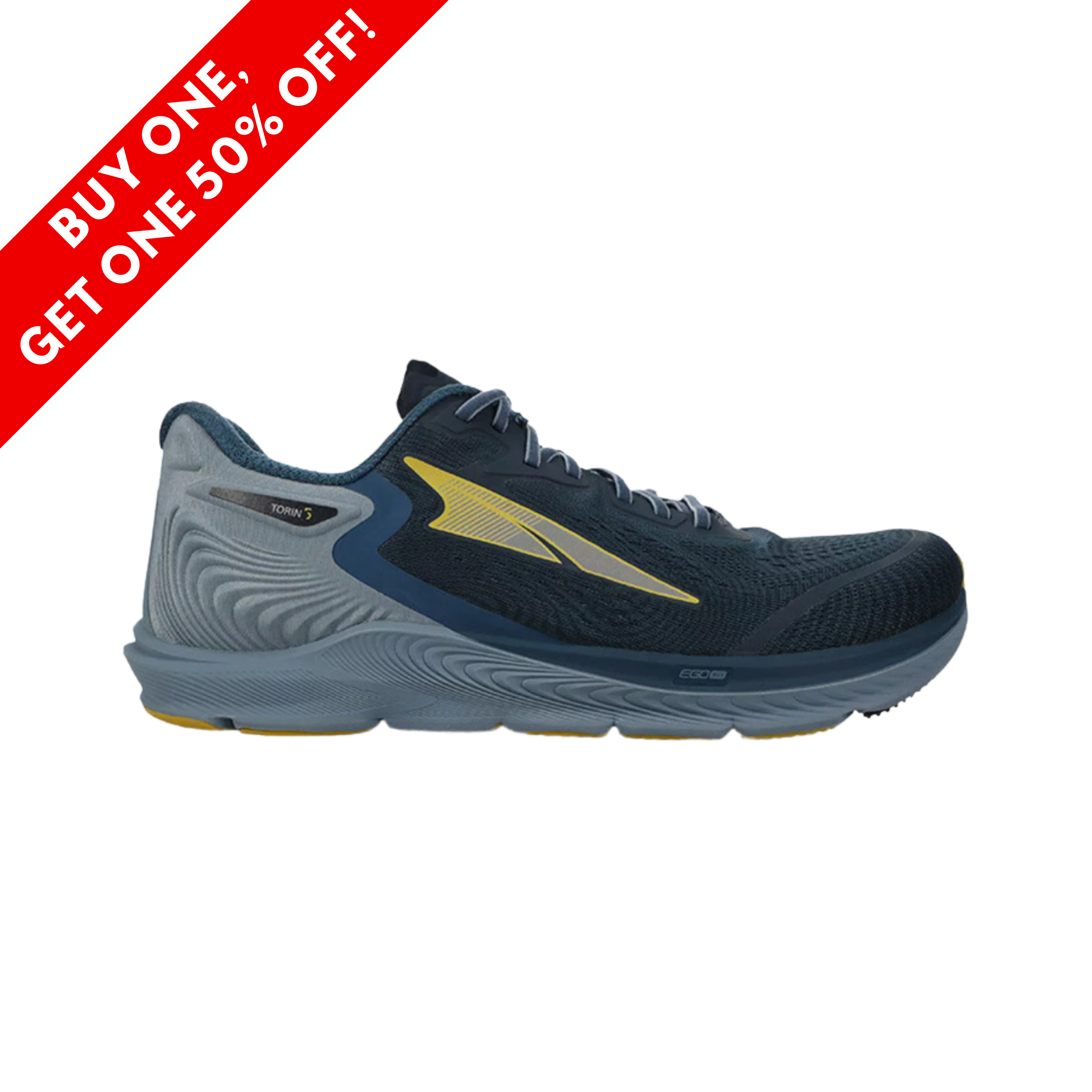 Side View of Men’s Altra Torin 5 running shoe in majolica blue – featuring an engineered mesh upper for breathability, Altra EGO™ MAX midsole for responsive cushioning, and a FootShape™ toe box for natural toe splay.