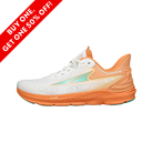 Side View of Women’s Altra Torin 6 running shoe in white and orange – featuring EGO™ MAX cushioning, FootShape™ toe box for natural fit, and breathable mesh for lightweight comfort.