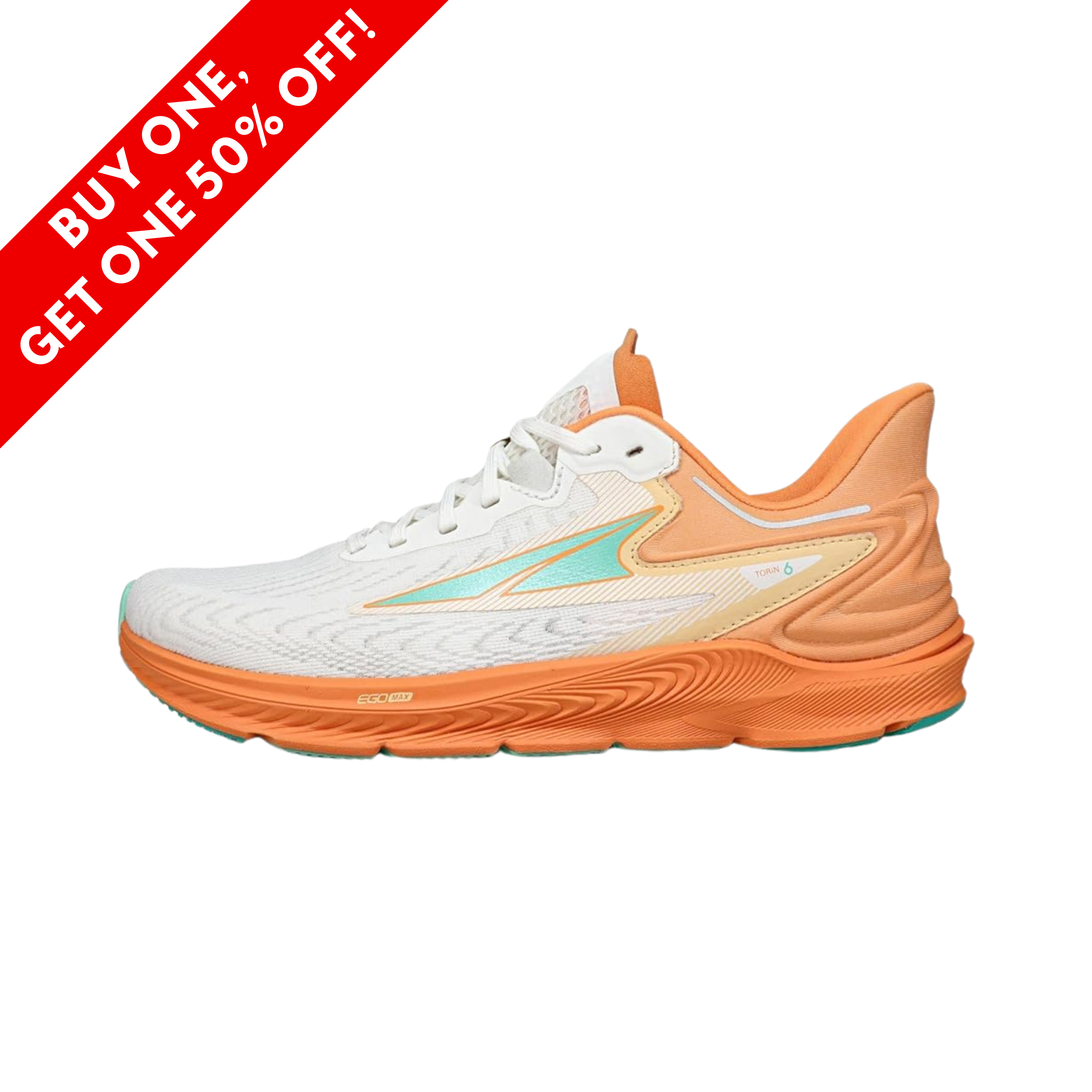 Side View of Women’s Altra Torin 6 running shoe in white and orange – featuring EGO™ MAX cushioning, FootShape™ toe box for natural fit, and breathable mesh for lightweight comfort.