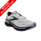 Side View of Women’s Brooks Adrenaline GTS 23 running shoe in grey, black, and purple – featuring durable outsole, motion-control support, and DNA LOFT midsole for soft landings.