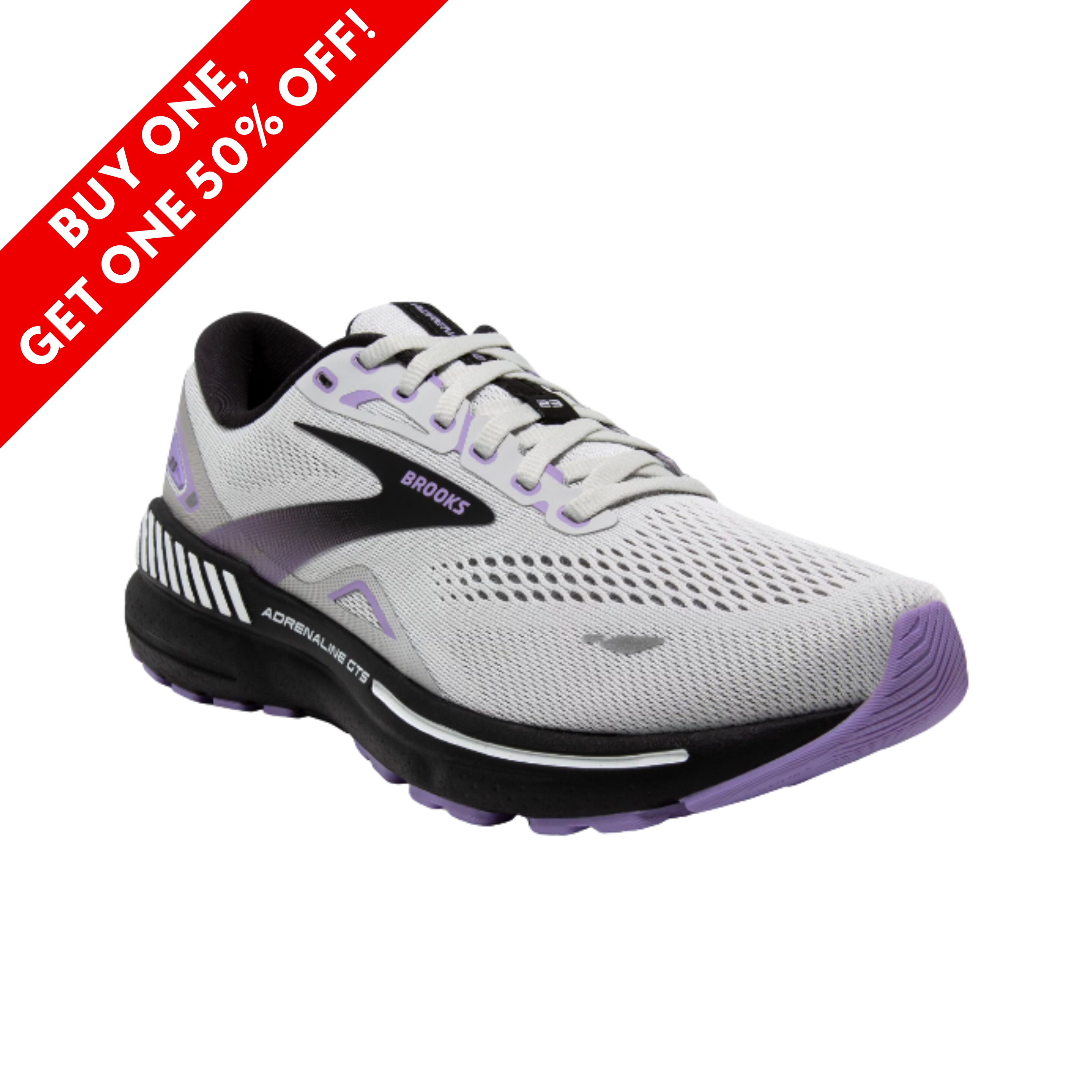 Side View of Women’s Brooks Adrenaline GTS 23 running shoe in grey, black, and purple – featuring durable outsole, motion-control support, and DNA LOFT midsole for soft landings.