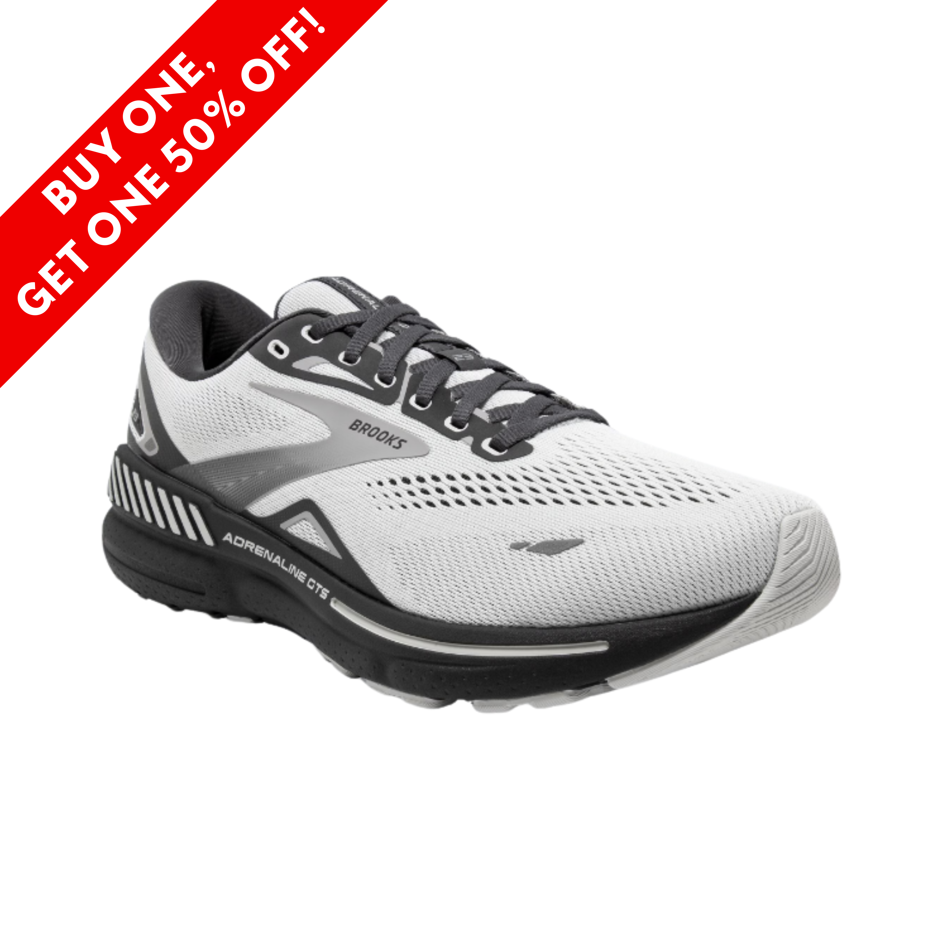 Side View of Men’s Brooks Adrenaline GTS 23 running shoe in oyster, ebony, and alloy – featuring stability-enhancing GuideRails®, soft midsole cushioning, and a breathable fit for everyday running.