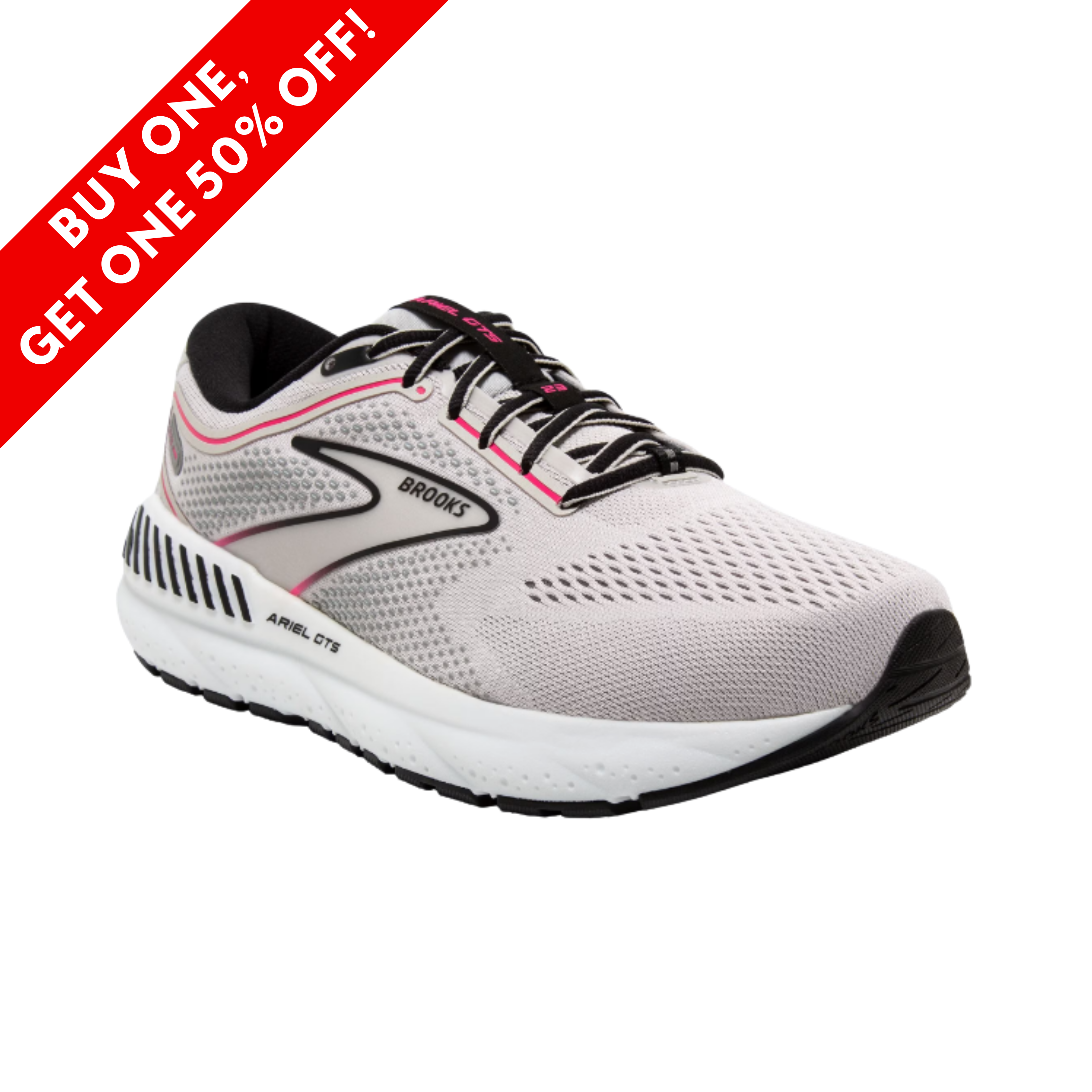 Side View of Women’s Brooks Ariel GTS 23 running shoe in tea grey, white, and sand – featuring a stable platform, soft underfoot feel, and secure upper for structured support.