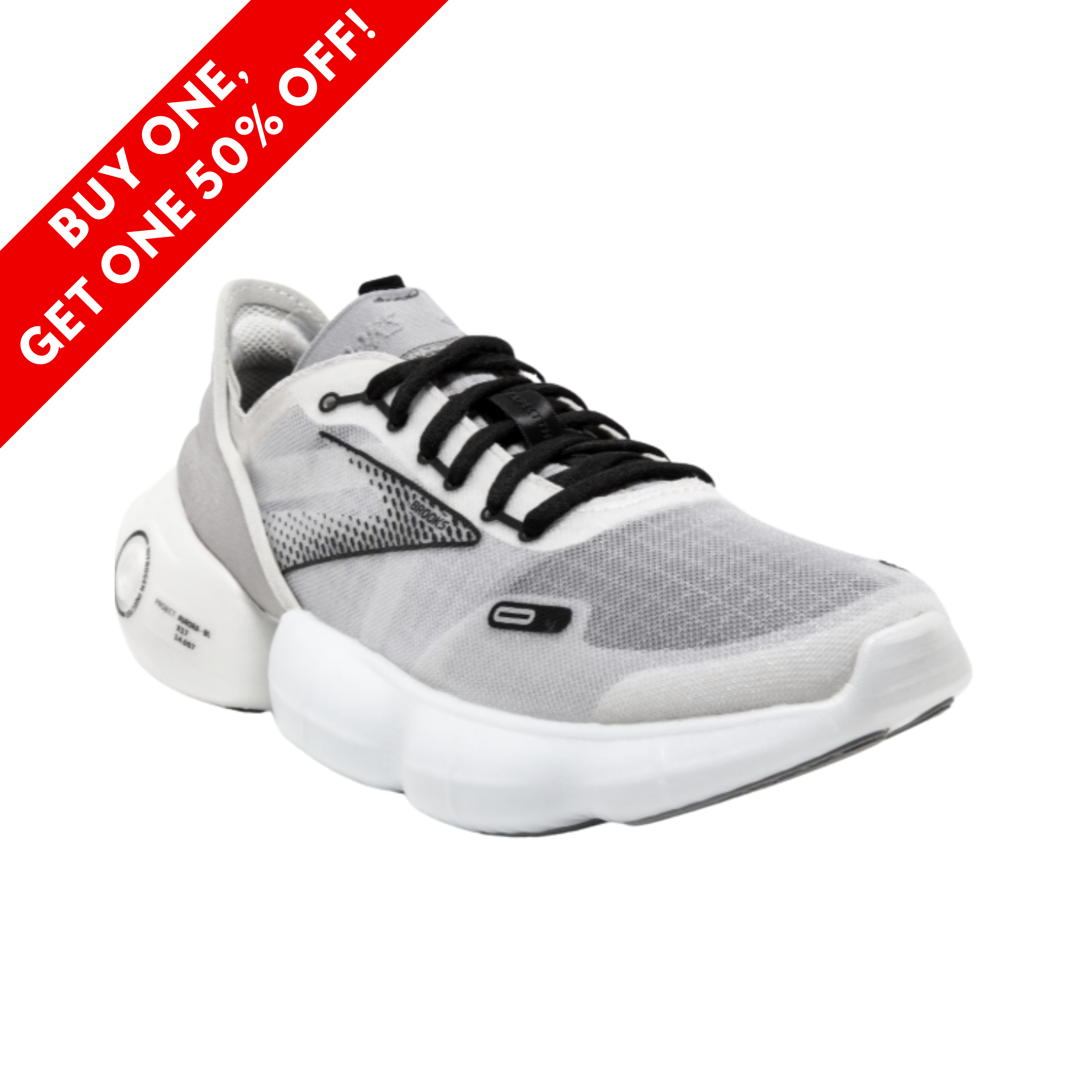 Side View of Women’s Brooks Aurora-BL running shoe in white, alloy, and black – featuring GlideRoll Rocker for fluid transitions, nitrogen-infused cushioning, and futuristic design for an ultra-light ride.