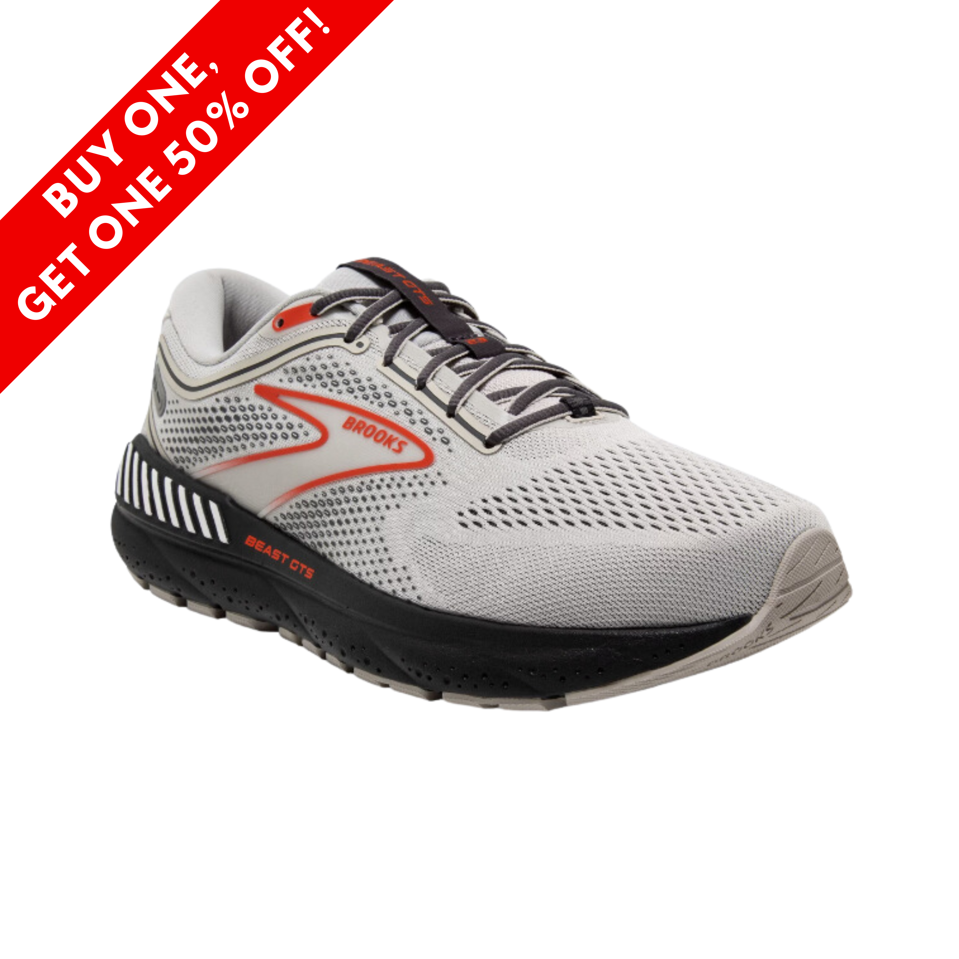 Side View of Men’s Brooks Beast GTS 23 running shoe in grey, scarlet, and ebony – featuring GuideRails® holistic support system, maximum cushioning, and durable stability ideal for overpronators.