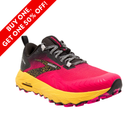 Side View of Women’s Brooks Cascadia 17 trail running shoe in black and lemon chrome – featuring Trail Adapt system for responsiveness, sticky TrailTack rubber for traction, and reinforced toe for protection.