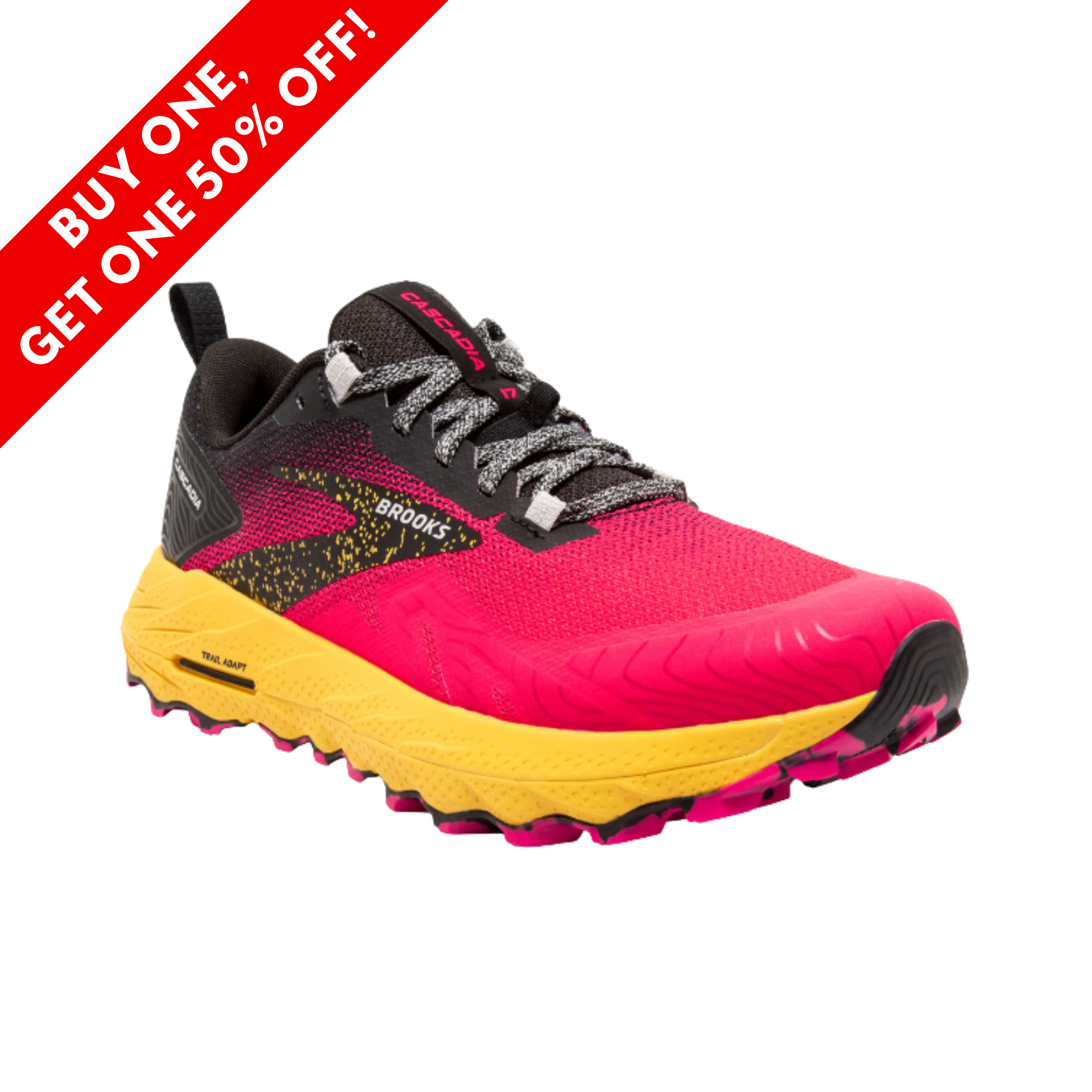 Side View of Women’s Brooks Cascadia 17 trail running shoe in black and lemon chrome – featuring Trail Adapt system for responsiveness, sticky TrailTack rubber for traction, and reinforced toe for protection.