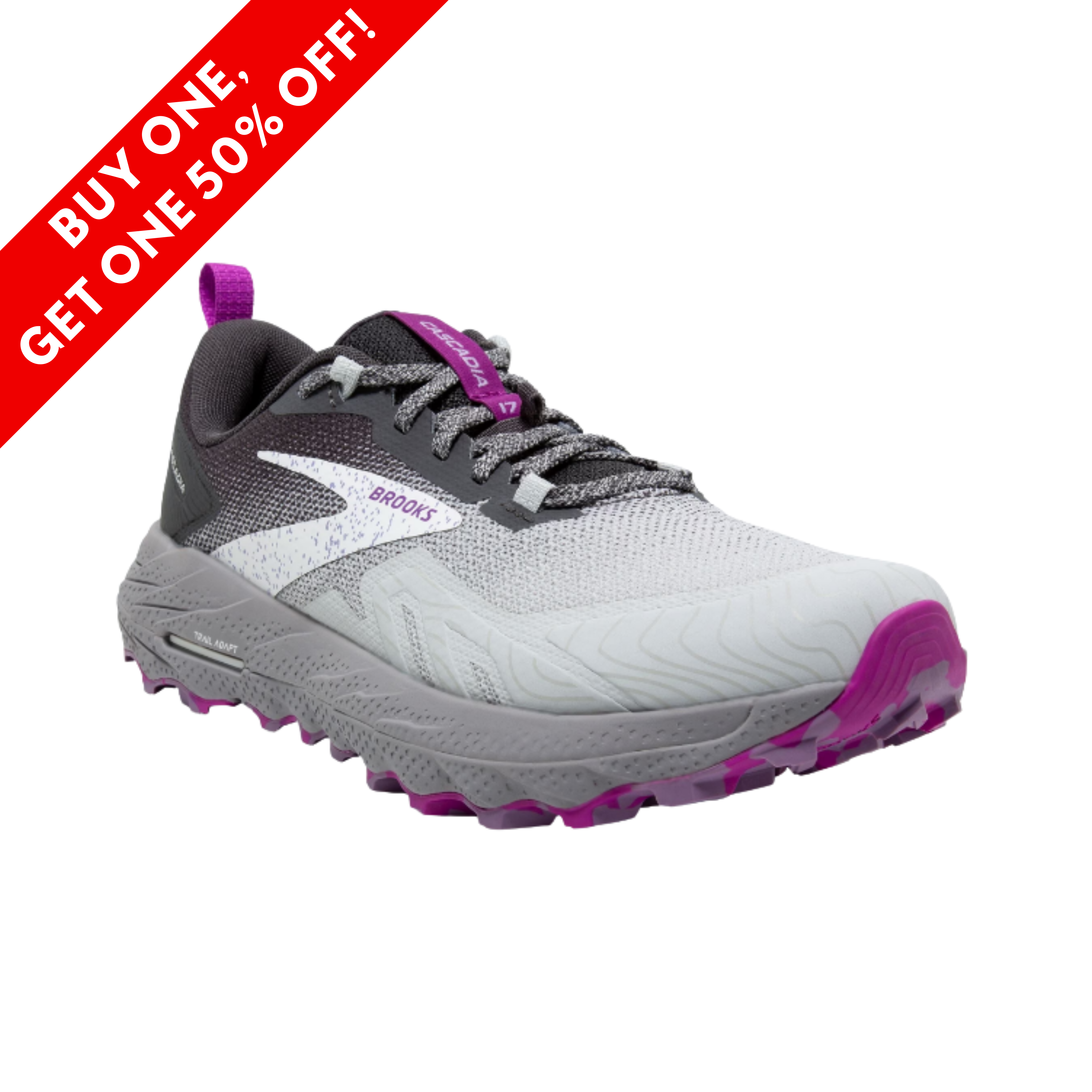 Side View of Women’s Brooks Cascadia 17 trail running shoe in blackened pearl and purple – featuring adaptable stability, rugged grip, and protective cushioning for off-road terrain.