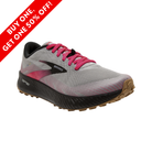 Side View of Women’s Brooks Catamount trail running shoe in alloy, pink, and black – featuring nitrogen-infused DNA FLASH midsole for speed, lightweight mesh upper, and TrailTack outsole for trail grip.