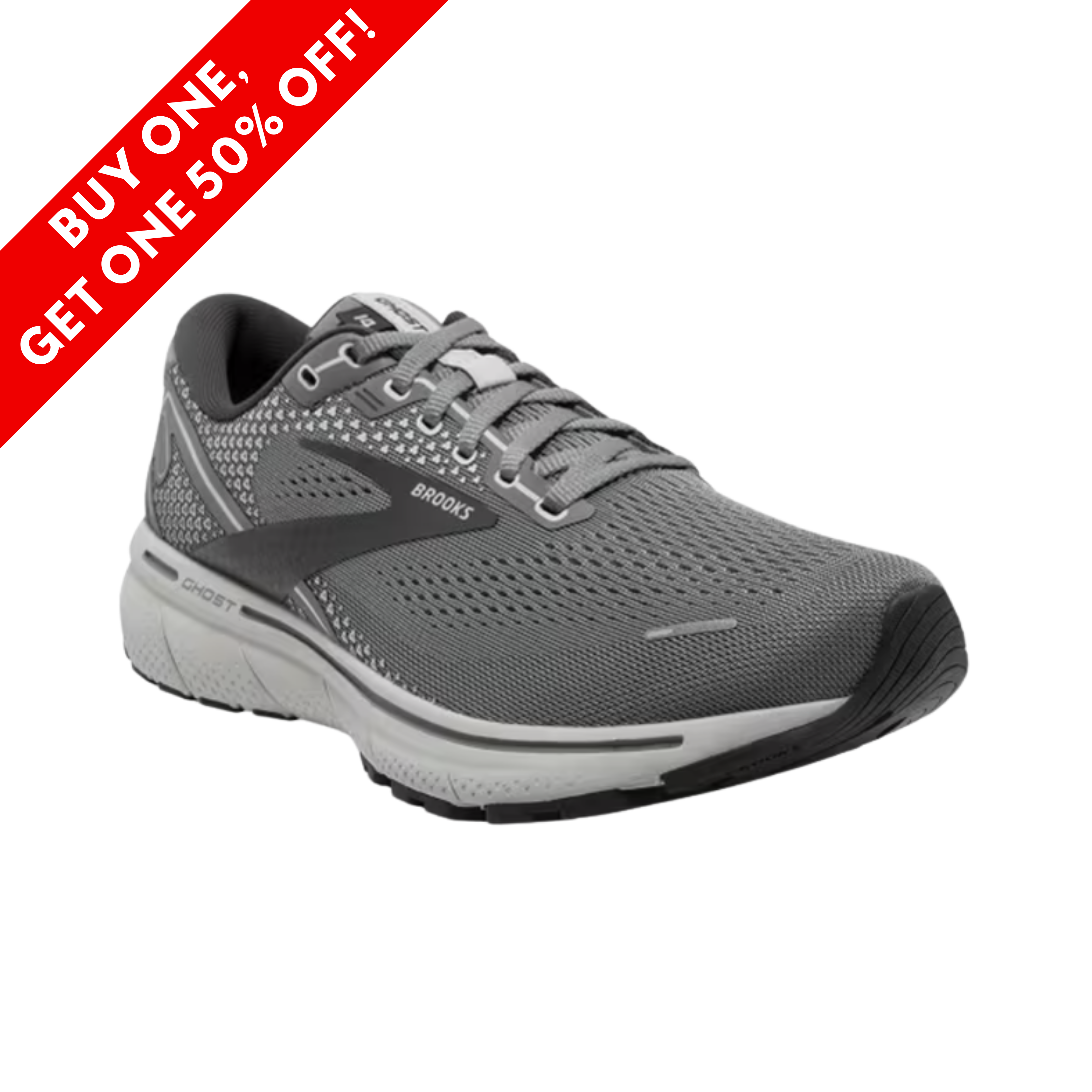 Side View of Men’s Brooks Ghost 14 running shoe in grey alloy and oyster – featuring balanced cushioning, breathable upper mesh, and a durable outsole for smooth, consistent transitions.