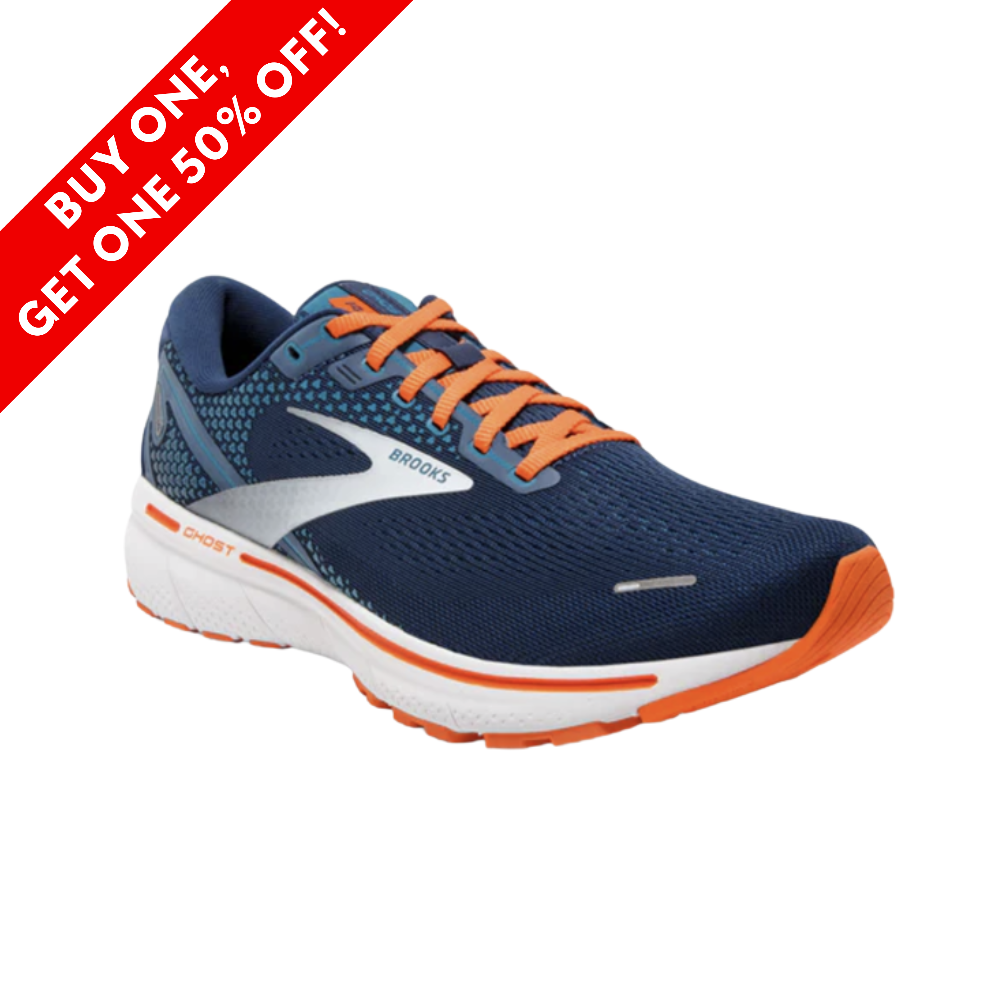 Side view of Men's Brooks Ghost 14 running shoe in titan, teal, and flame – featuring DNA LOFT cushioning for an ultra-smooth ride, engineered air mesh upper for breathability and comfort, and a segmented crash pad for seamless heel-to-toe transitions.