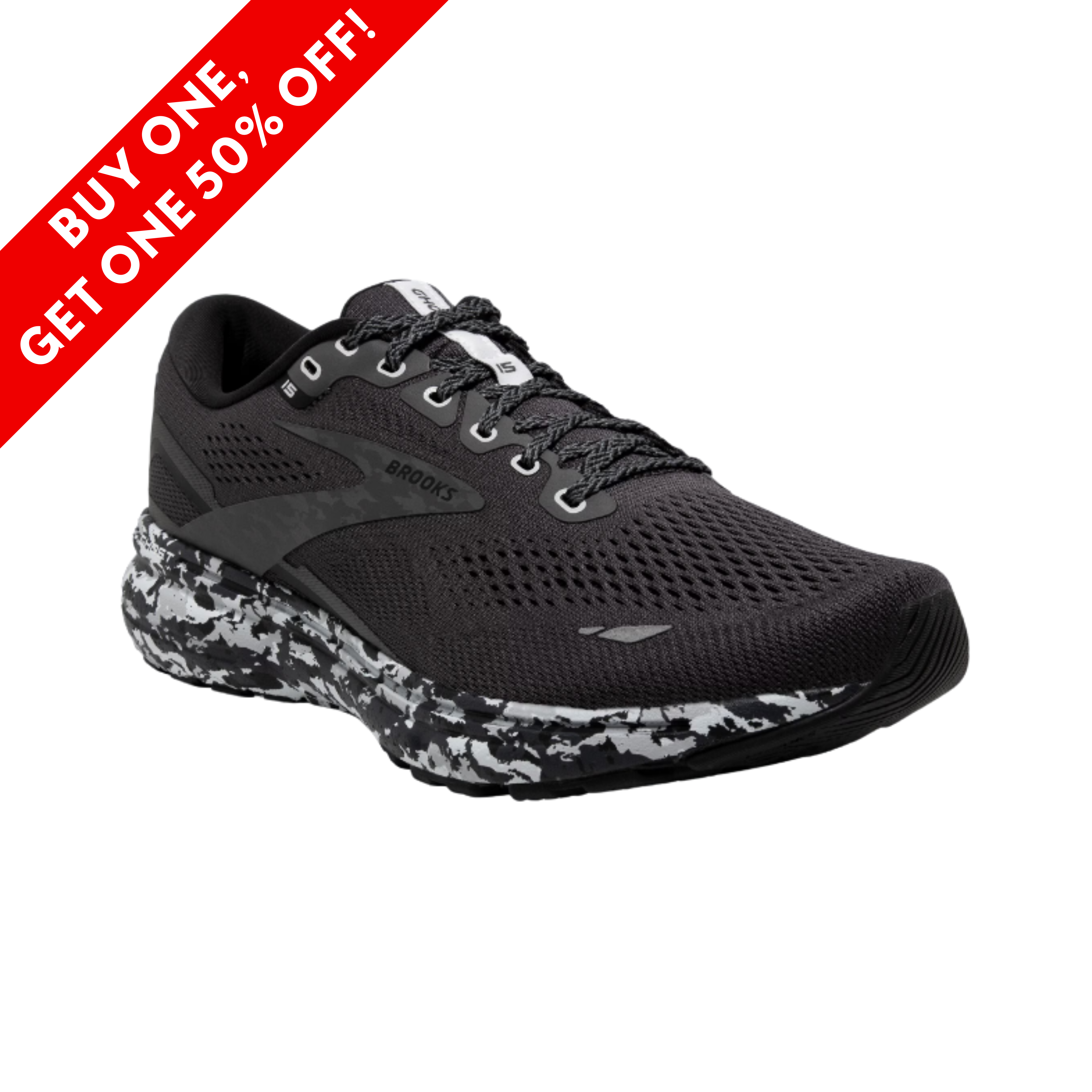 Side View of Men’s Brooks Ghost 15 running shoe in ebony, black, and oyster – featuring plush cushioning, engineered mesh upper, and a dependable, smooth-riding sole for versatile performance.