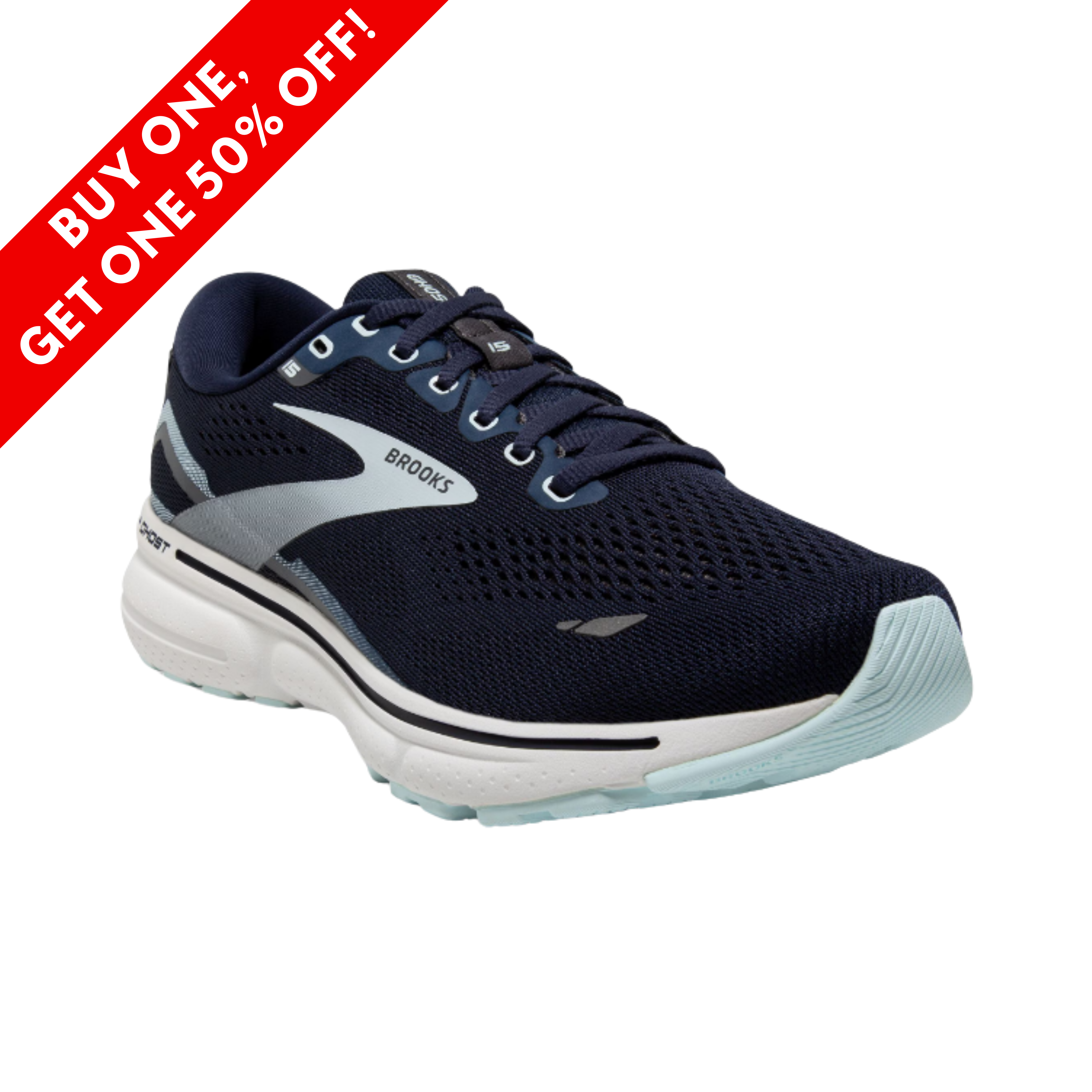 Side View of Women’s Brooks Ghost 15 running shoe in peacoat, pearl, and saltair – featuring lightweight cushioning, engineered mesh for breathability, and a flexible sole for daily comfort.