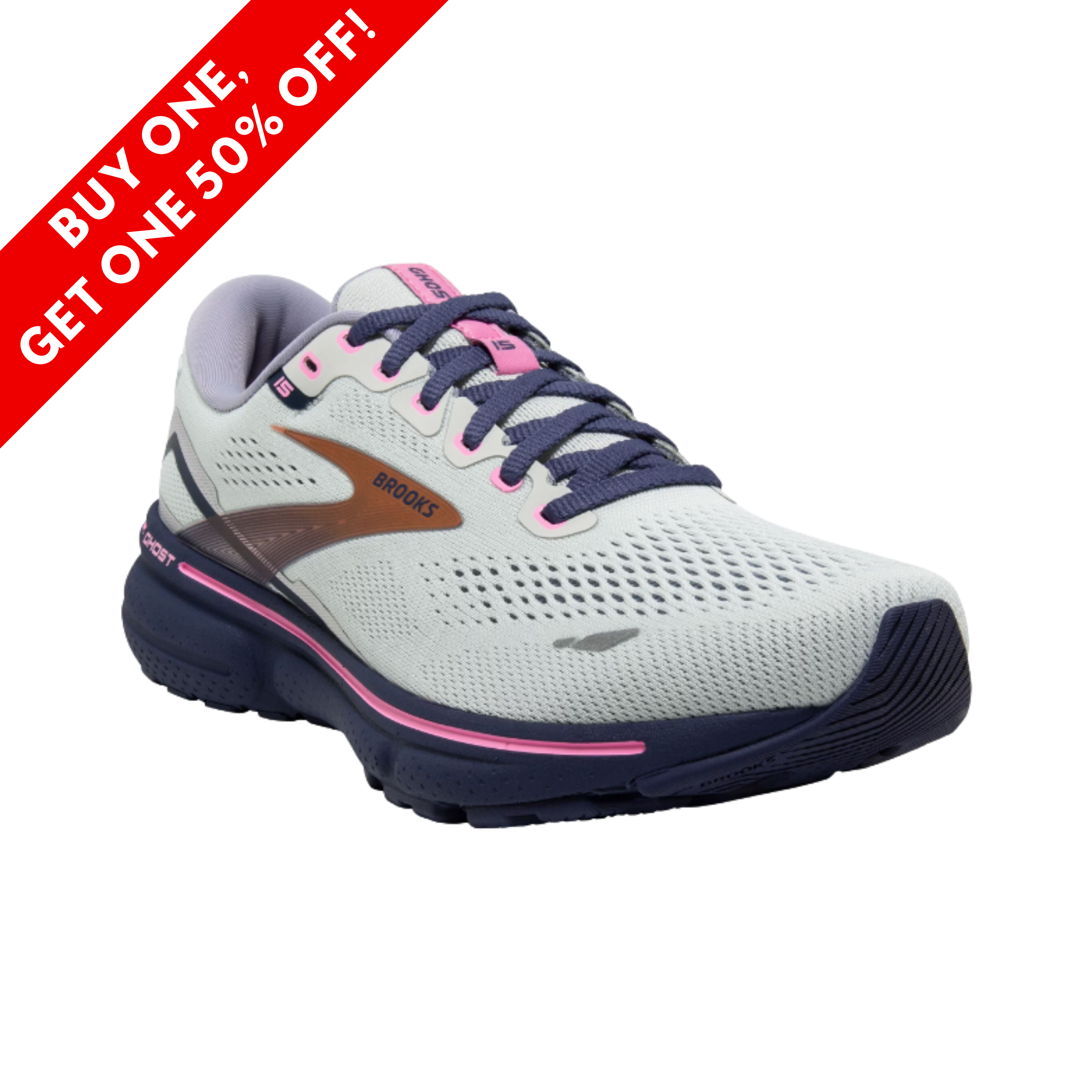 Side View of Women’s Brooks Ghost 15 running shoe in spa blue, neo pink, and copper – featuring smooth ride transitions, soft interior padding, and eye-catching color accents for energized performance.