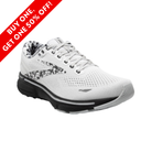 Side View of Women’s Brooks Ghost 15 running shoe in white, ebony, and oyster – featuring breathable engineered mesh, DNA LOFT cushioning, and balanced support for everyday running.