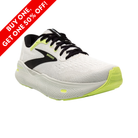 Side View of Men’s Brooks Ghost Max running shoe in grey, black, and green – featuring GlideRoll Rocker technology for smoother transitions, plush cushioning, and a stable, supportive ride.