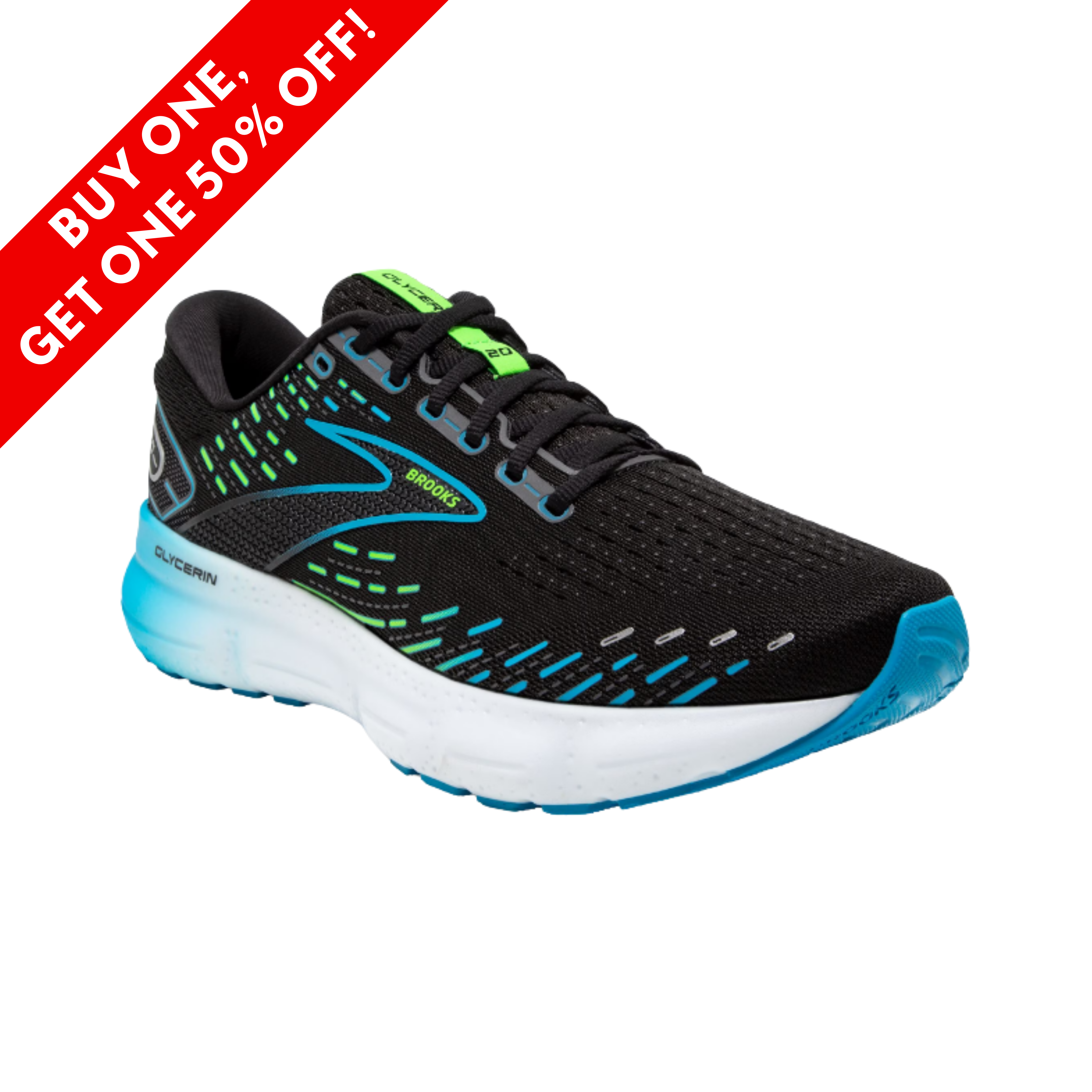 Side View of Men’s Brooks Glycerin 20 running shoe in black, Hawaiian ocean, and green – featuring nitrogen-infused DNA LOFT v3 cushioning for premium softness, engineered mesh upper for breathable comfort, and a smooth-transitioning outsole for balanced performance.