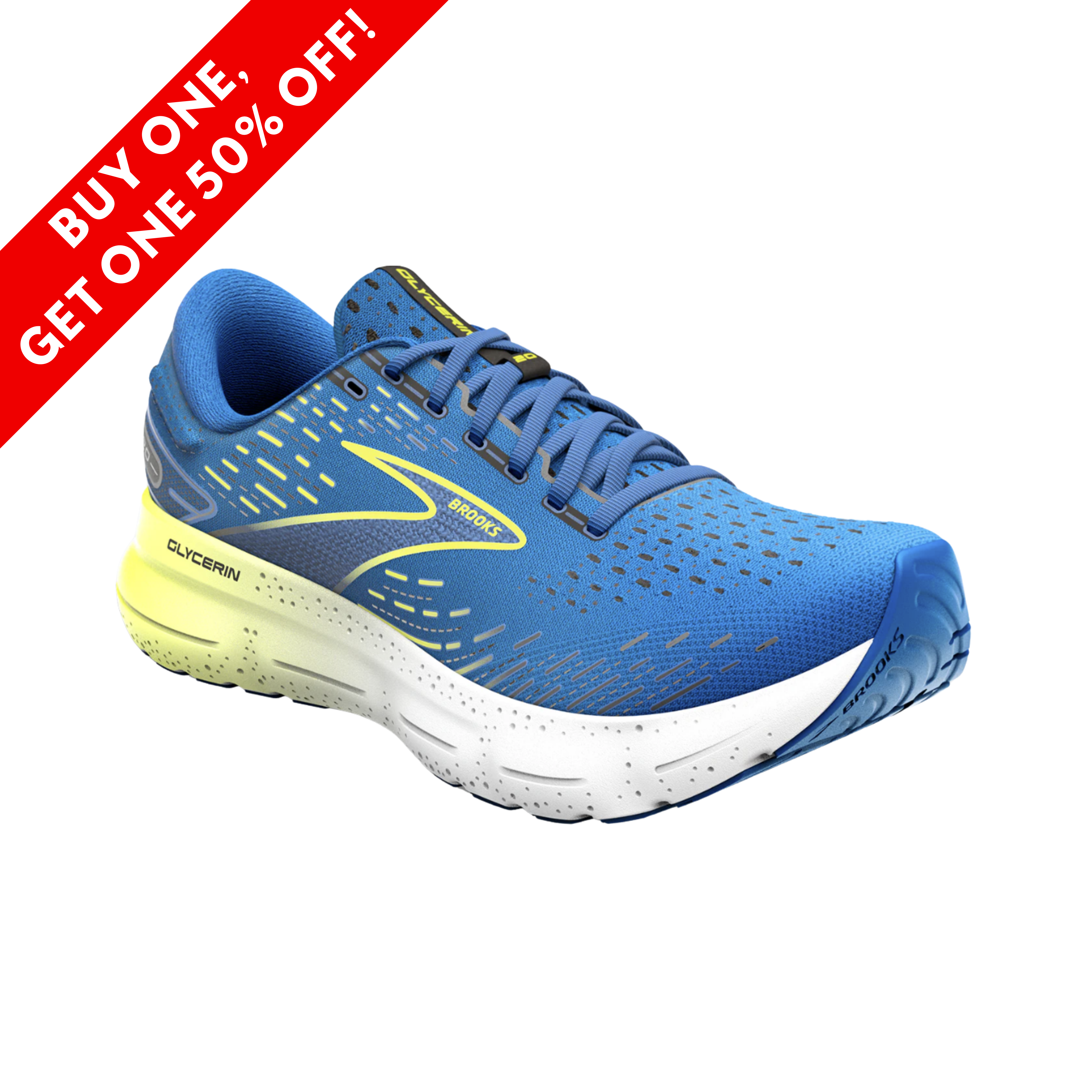 Side View of Men’s Brooks Glycerin 20 running shoe in blue, nightlife, and white – featuring nitrogen-infused DNA LOFT v3 midsole for luxurious cushioning, breathable mesh upper for a cool ride, and a smooth outsole for balanced transitions.