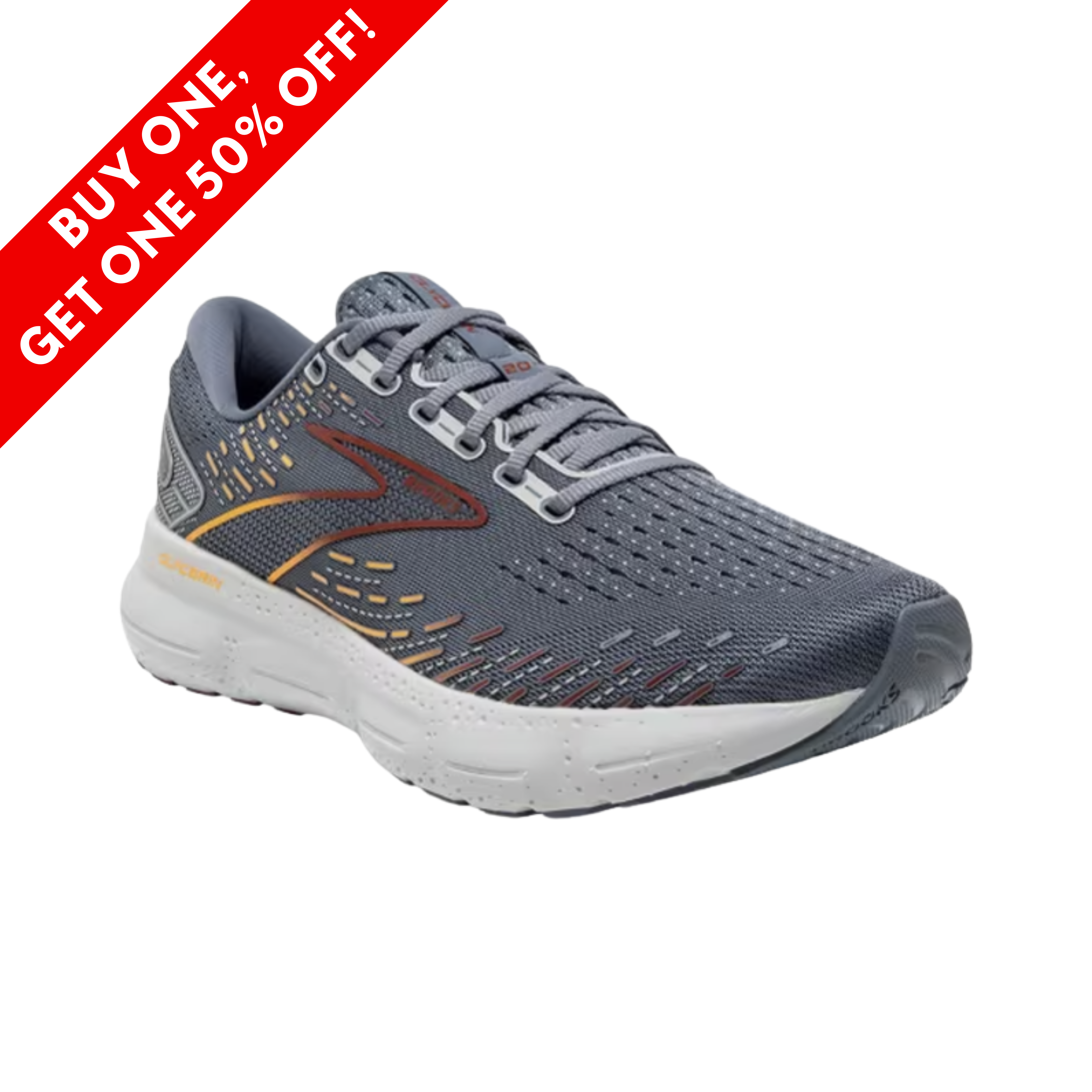 Side View of Men’s Brooks Glycerin 20 running shoe in gray, chili oil, and orange – featuring nitrogen-infused DNA LOFT v3 cushioning for plush underfoot feel, engineered mesh upper for breathable comfort, and a responsive outsole for smooth transitions.