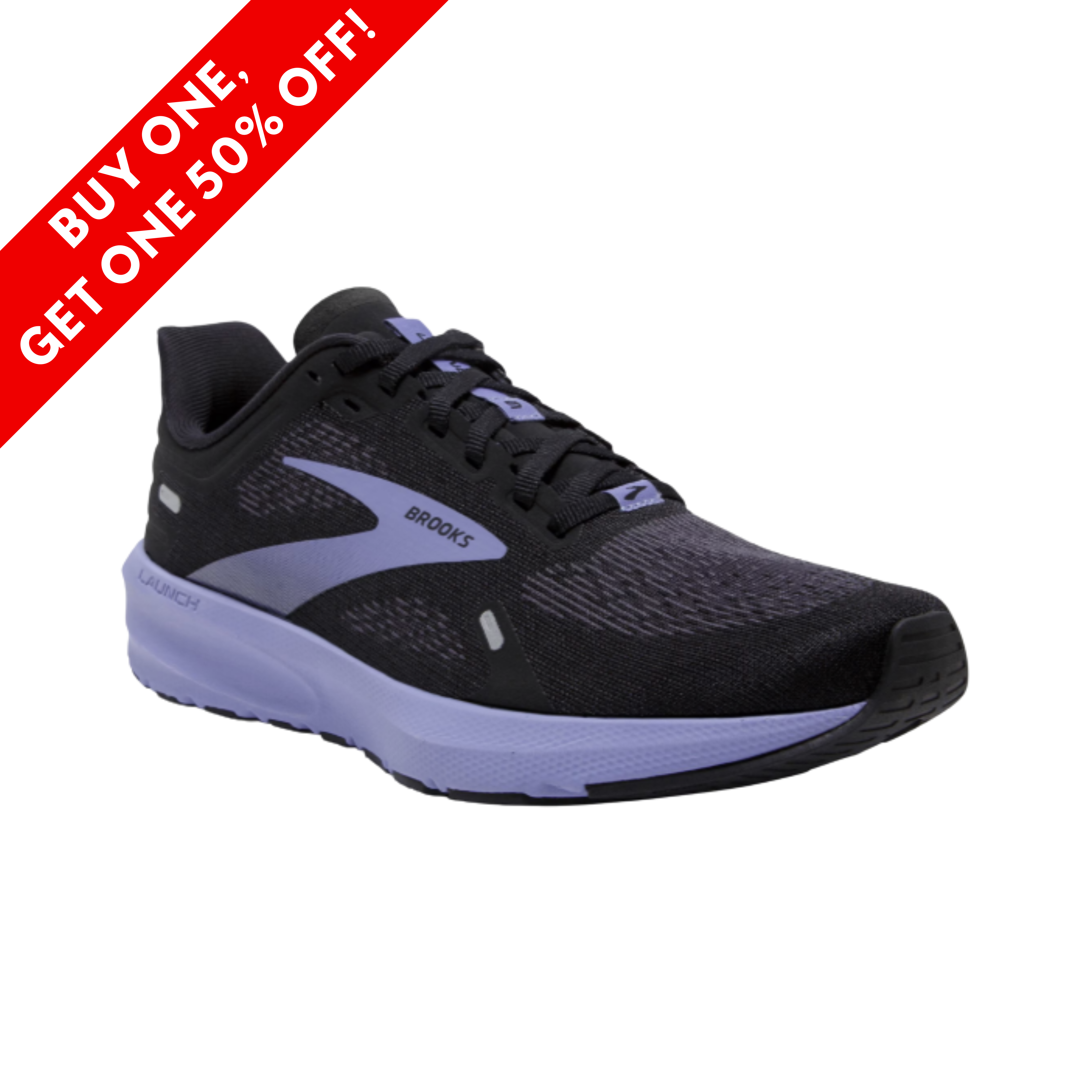 Side View of Women’s Brooks Launch 9 running shoe in black, ebony, and purple – featuring lightweight mesh upper for breathability, responsive cushioning for energized strides, and a sleek design ideal for daily training.