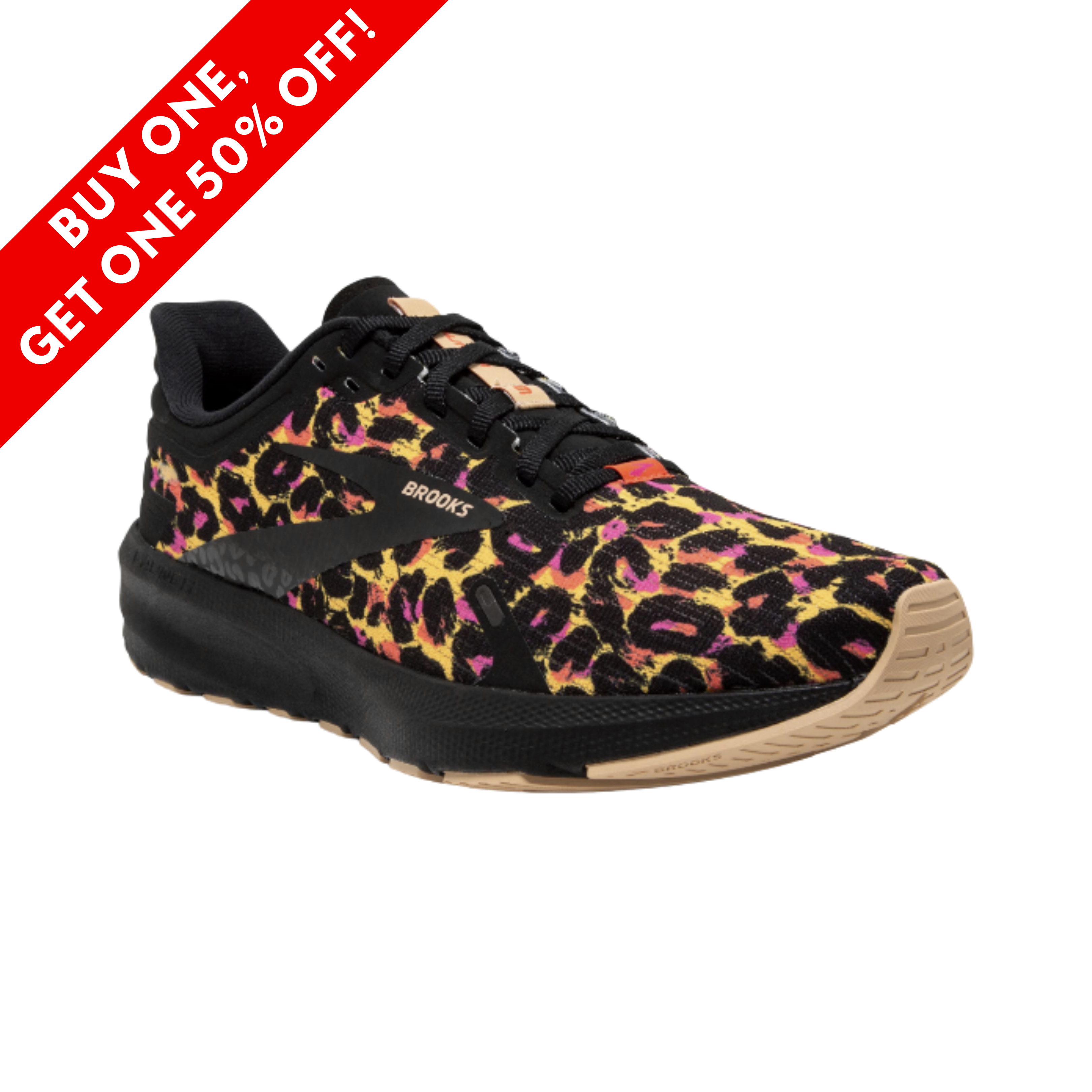 Side View of Women’s Brooks Launch 9 running shoe in citrus coral black – featuring a lightweight engineered mesh upper for breathability, responsive cushioning for quick transitions, and durable rubber outsole for high-energy performance.