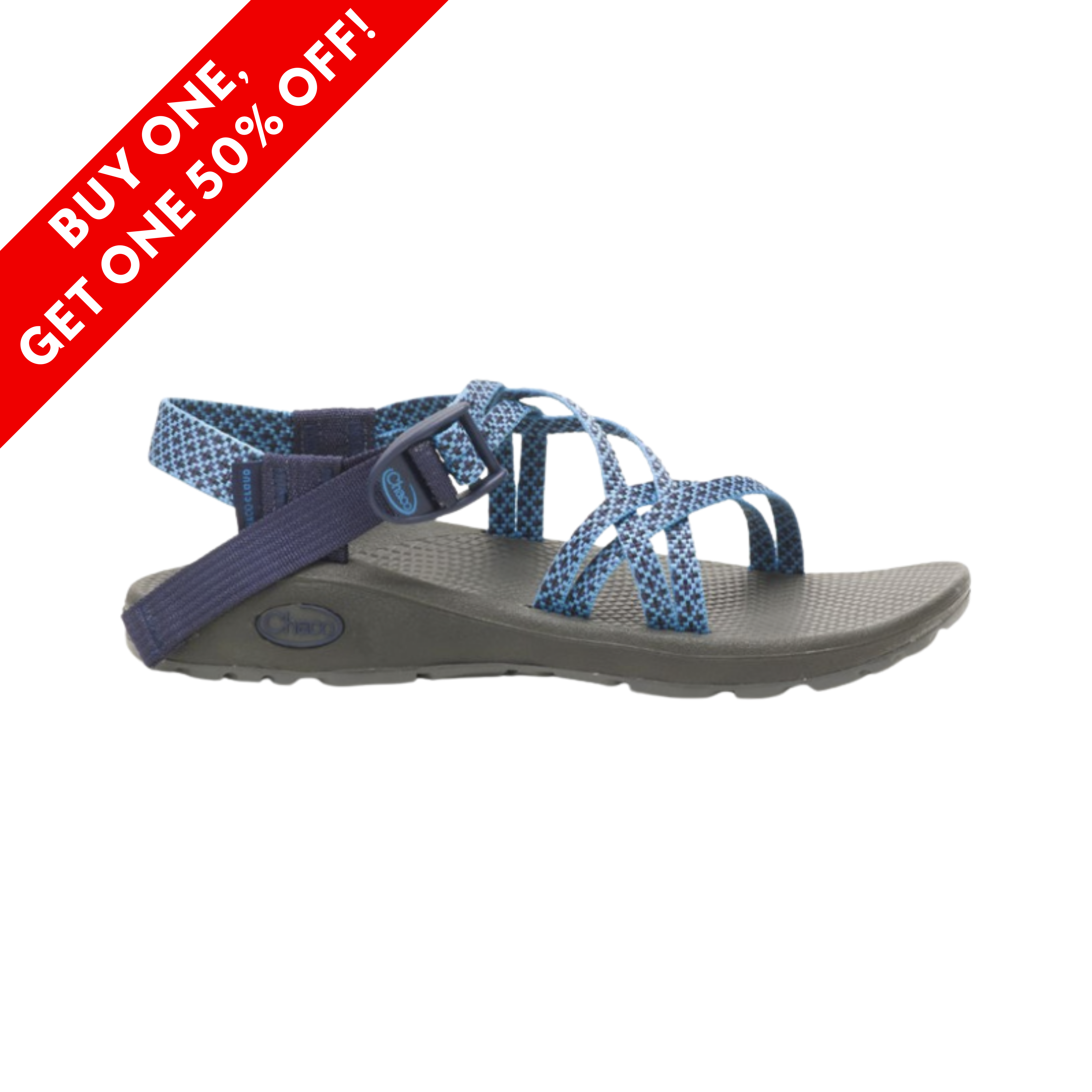 Side View of Women’s Chaco Z/Cloud X sandal in puzzle azure blue – featuring double polyester jacquard webbing straps with adjustable buckle system, LUVSEAT™ dual-density midsole for contoured arch support, and ChacoGrip™ rubber outsole for durable traction on varied terrain.