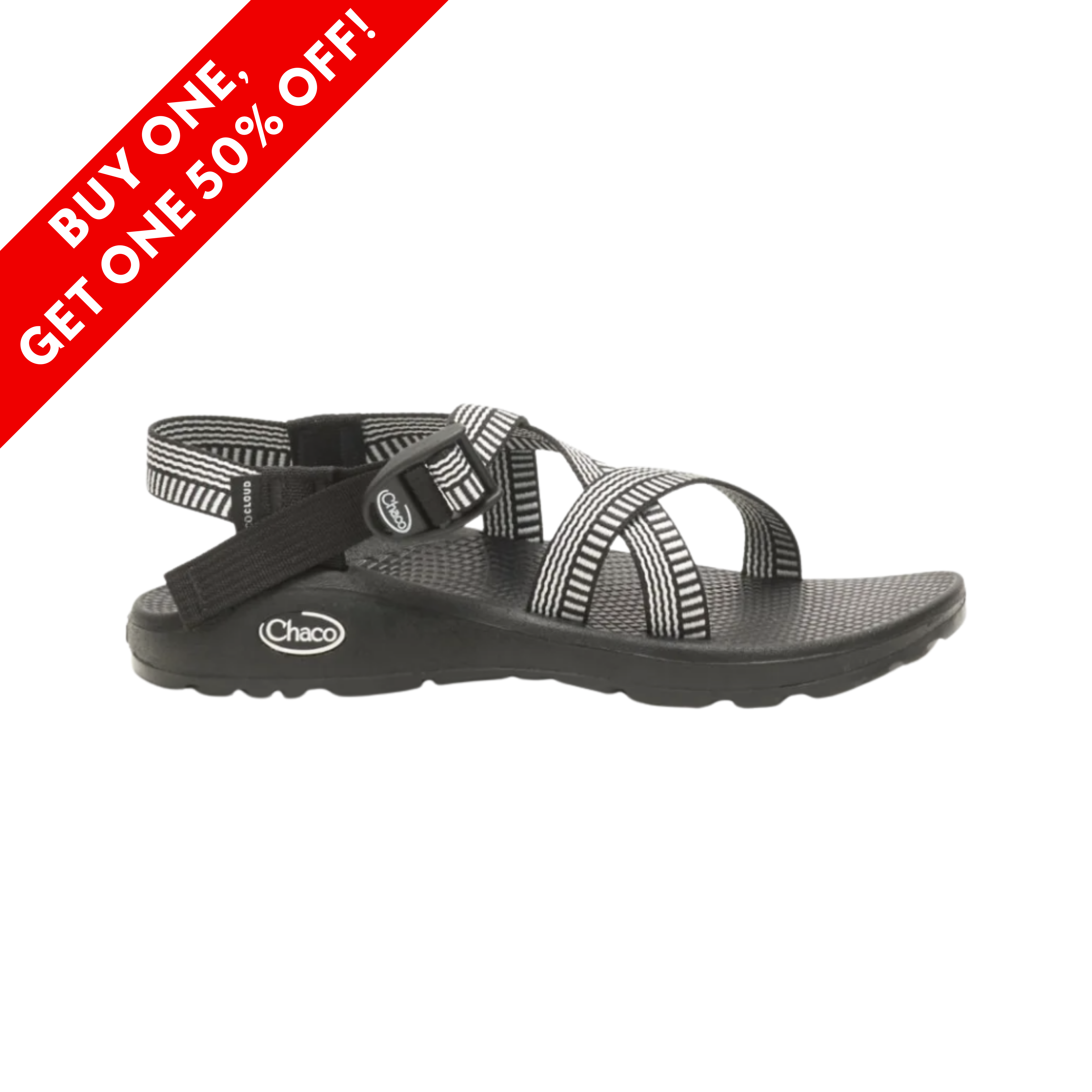 Side View of Women’s Chaco Z/Cloud sandal in black white – featuring polyester jacquard webbing straps with custom-adjustable fit and injection-molded ladder-lock buckle, LUVSEAT™ dual-density midsole for cushioned arch support, and ChacoGrip™ rubber outsole for superior traction on multiple surfaces.