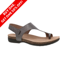 Side View of Women’s Dansko Reece sandal in pewter metallic – featuring sleek metallic leather straps with adjustable hook-and-loop closures, molded EVA footbed with Dansko Natural Arch® support for all-day comfort, and a lightweight rubber outsole for durable, slip-resistant flexibility.