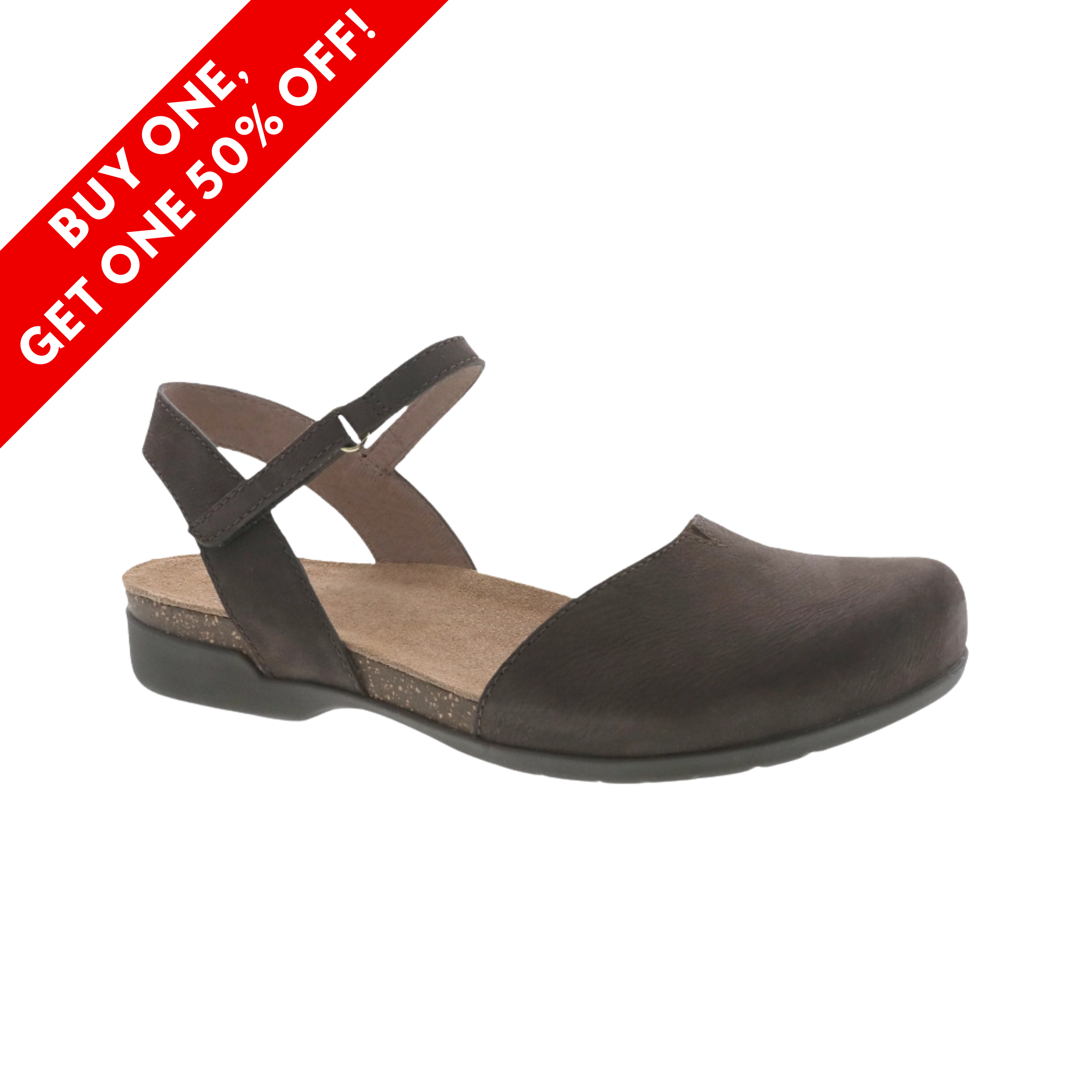 Side View of Women’s Dansko Rowan sandal in chocolate milled nubuck – featuring rich nubuck leather upper with an adjustable hook-and-loop strap, cushioned EVA footbed with natural arch support for all-day comfort, and a durable rubber outsole for flexible, slip-resistant traction.