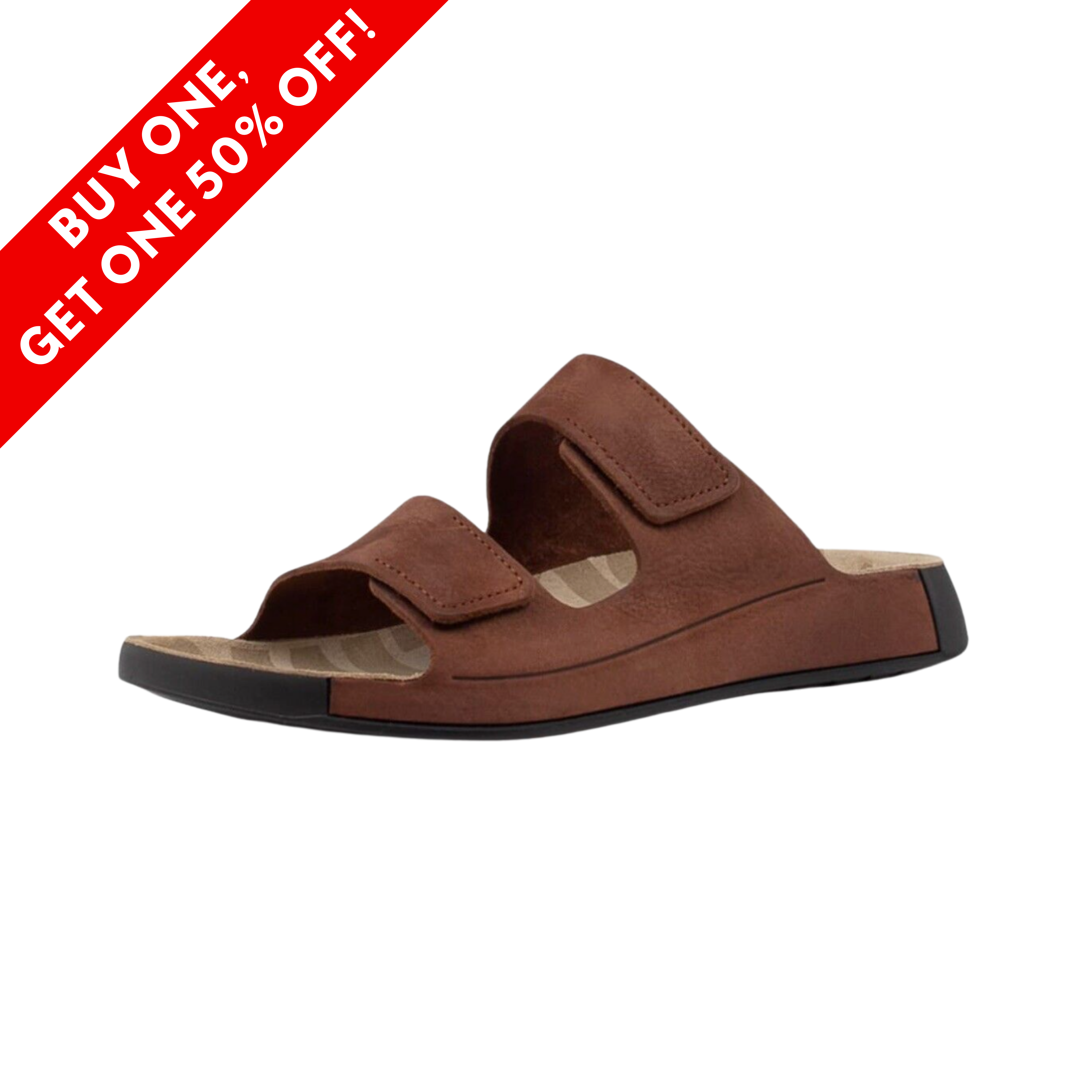 Side View of Men’s ECCO 2nd Cozmo Two Strap Sandal in tuscany – featuring premium full-grain leather straps with two adjustable hook-and-loop closures, an anatomically shaped footbed with ECCO FLUIDFORM™ Direct Comfort technology for contoured support, and a lightweight PU outsole for flexible, long-lasting wear.