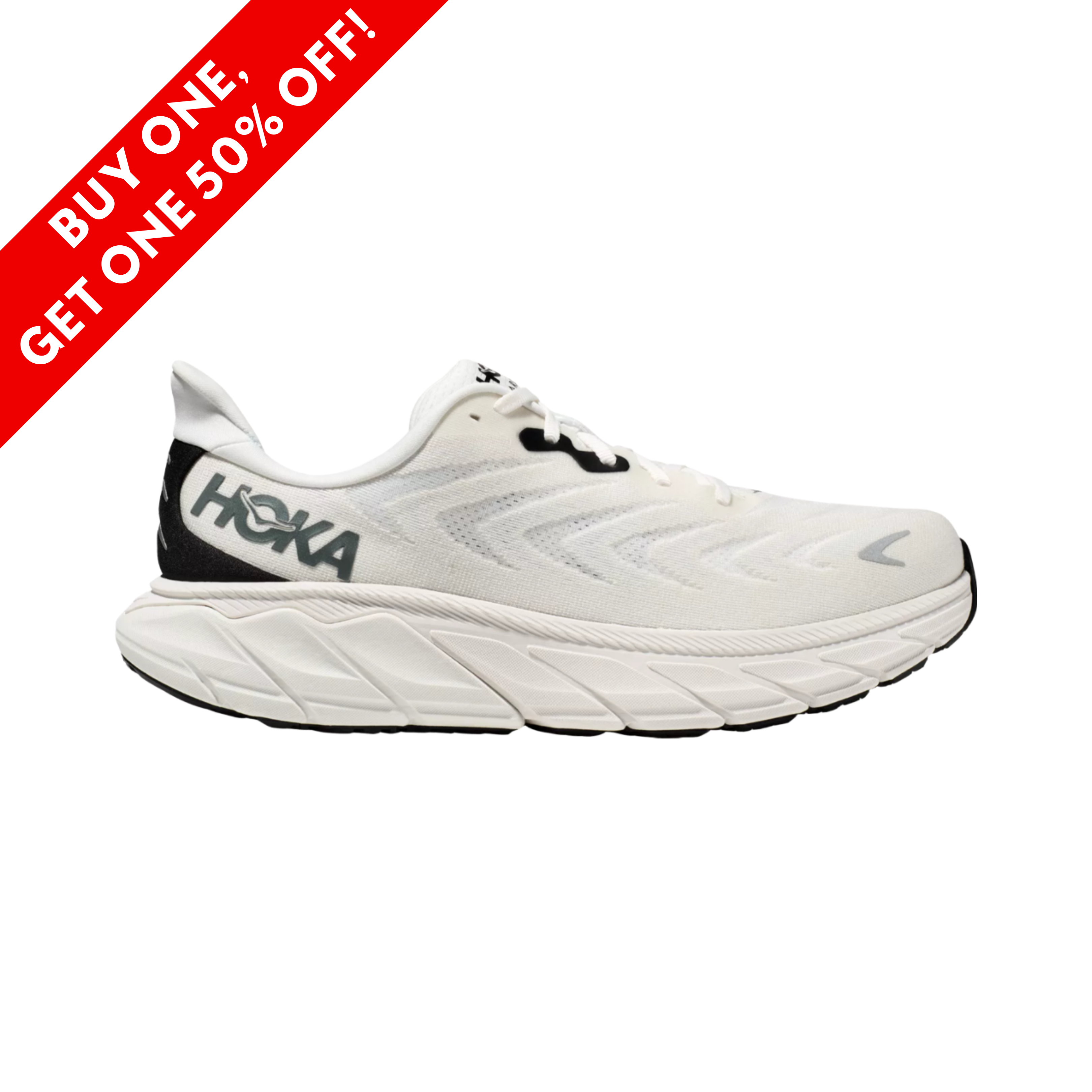Side View of Men’s Hoka Arahi 6 running shoe in blanc de blanc steel wool – featuring a breathable engineered mesh upper for lightweight comfort, J-Frame midsole for stabilizing support, and early-stage Meta-Rocker for smooth, guided heel-to-toe transitions.
