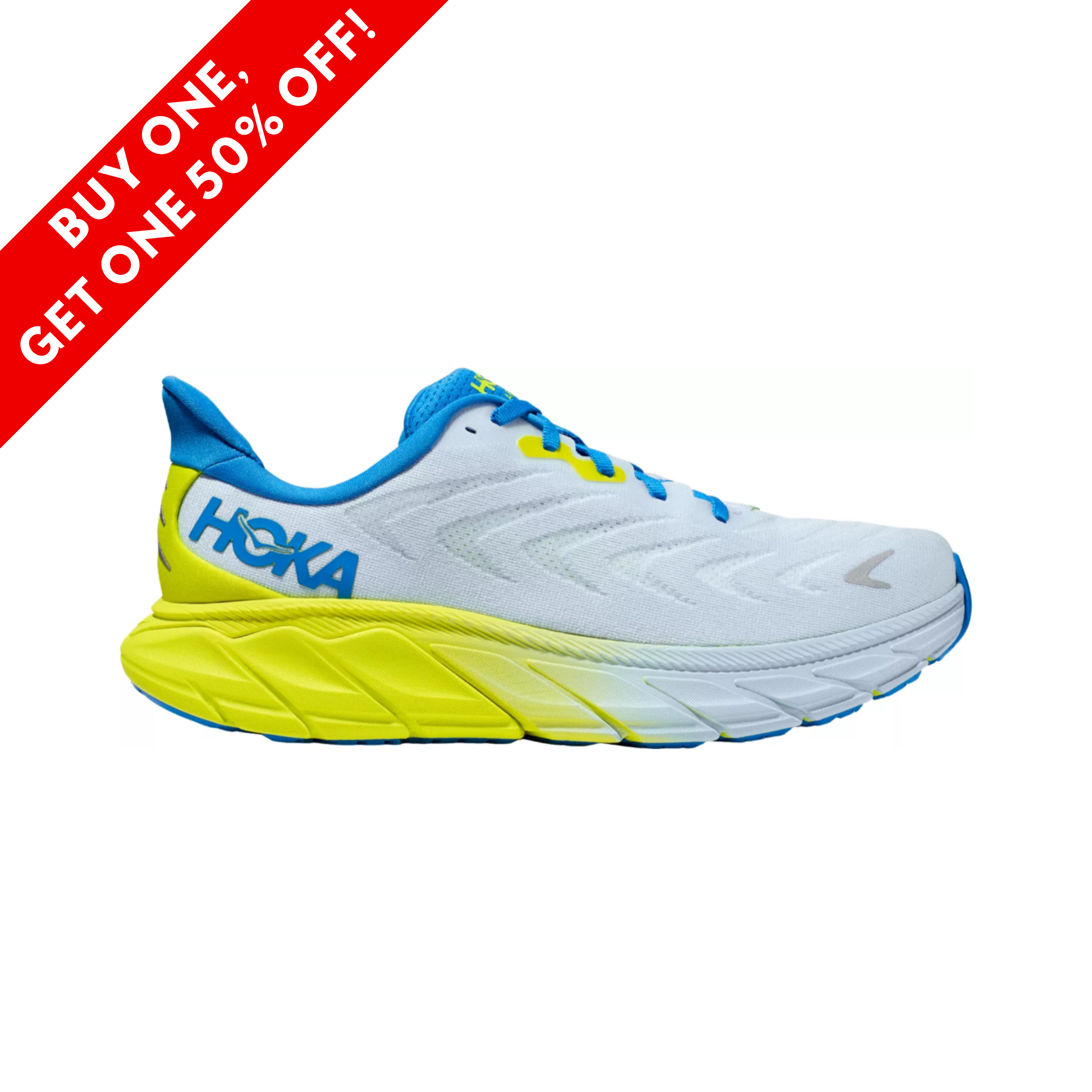 Side View of Men’s Hoka Arahi 6 running shoe in ice water primrose – featuring a breathable engineered mesh upper, stabilizing J-Frame midsole for lightweight support, and early-stage Meta-Rocker for smooth, efficient transitions.