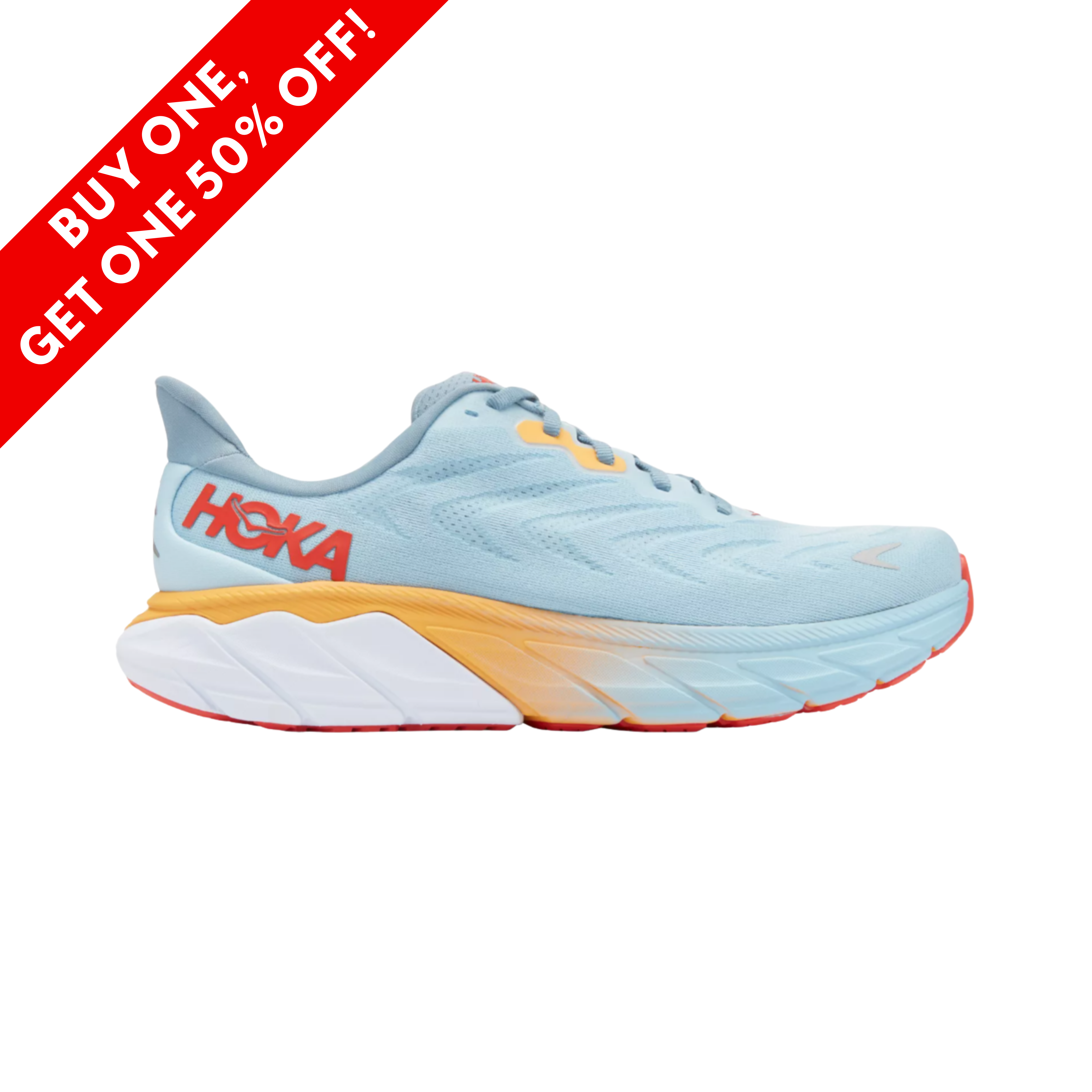 Side View of Men’s Hoka Arahi 6 running shoe in summer song mountain spring – featuring a breathable engineered mesh upper, J-Frame midsole support for lightweight stability, and early-stage Meta-Rocker for a smooth, guided ride.