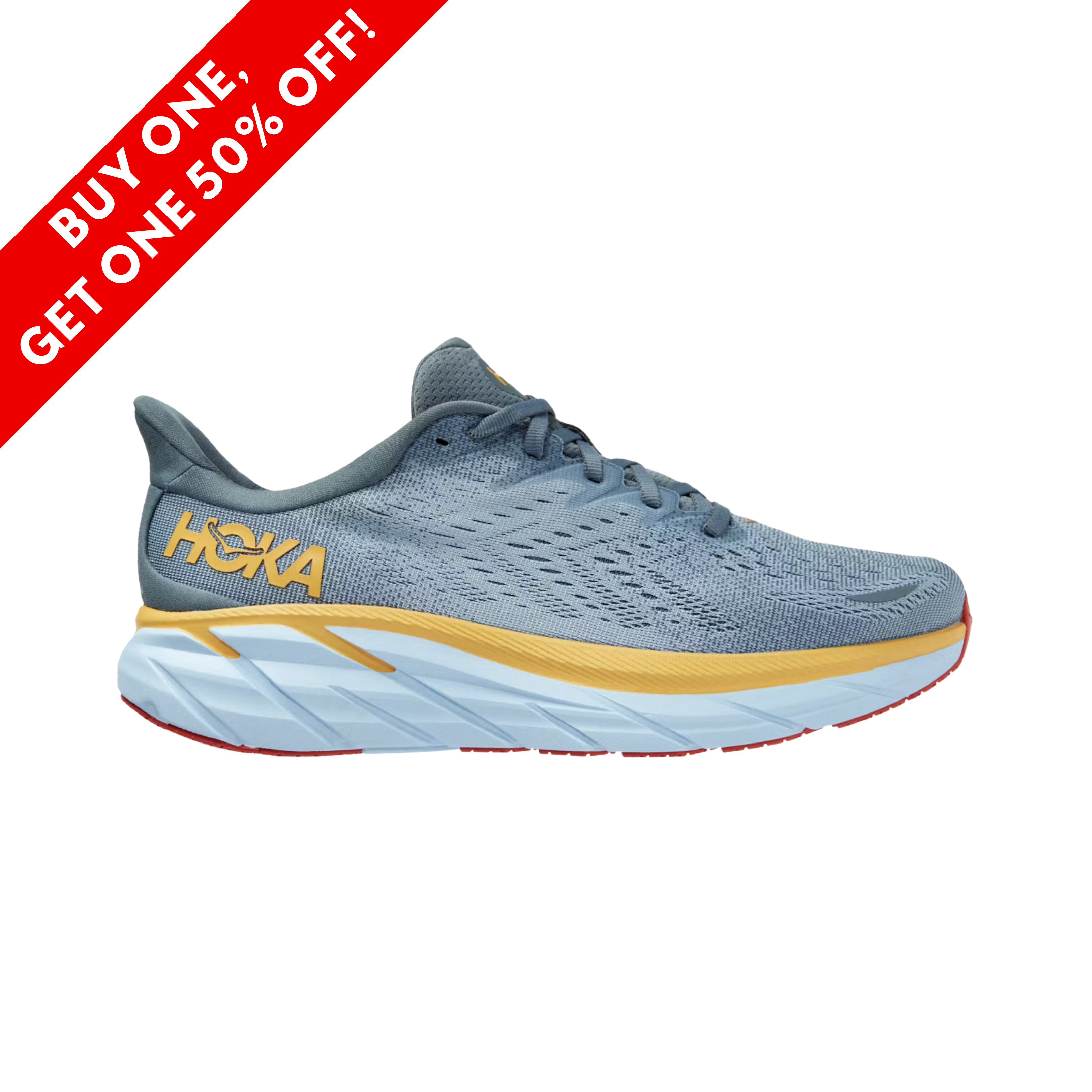 Side View of Men’s Hoka Clifton 8 running shoe in goblin blue mountain spring – featuring a breathable engineered mesh upper, full-compression EVA midsole for lightweight cushioning, and early-stage Meta-Rocker for smooth heel-to-toe transitions.