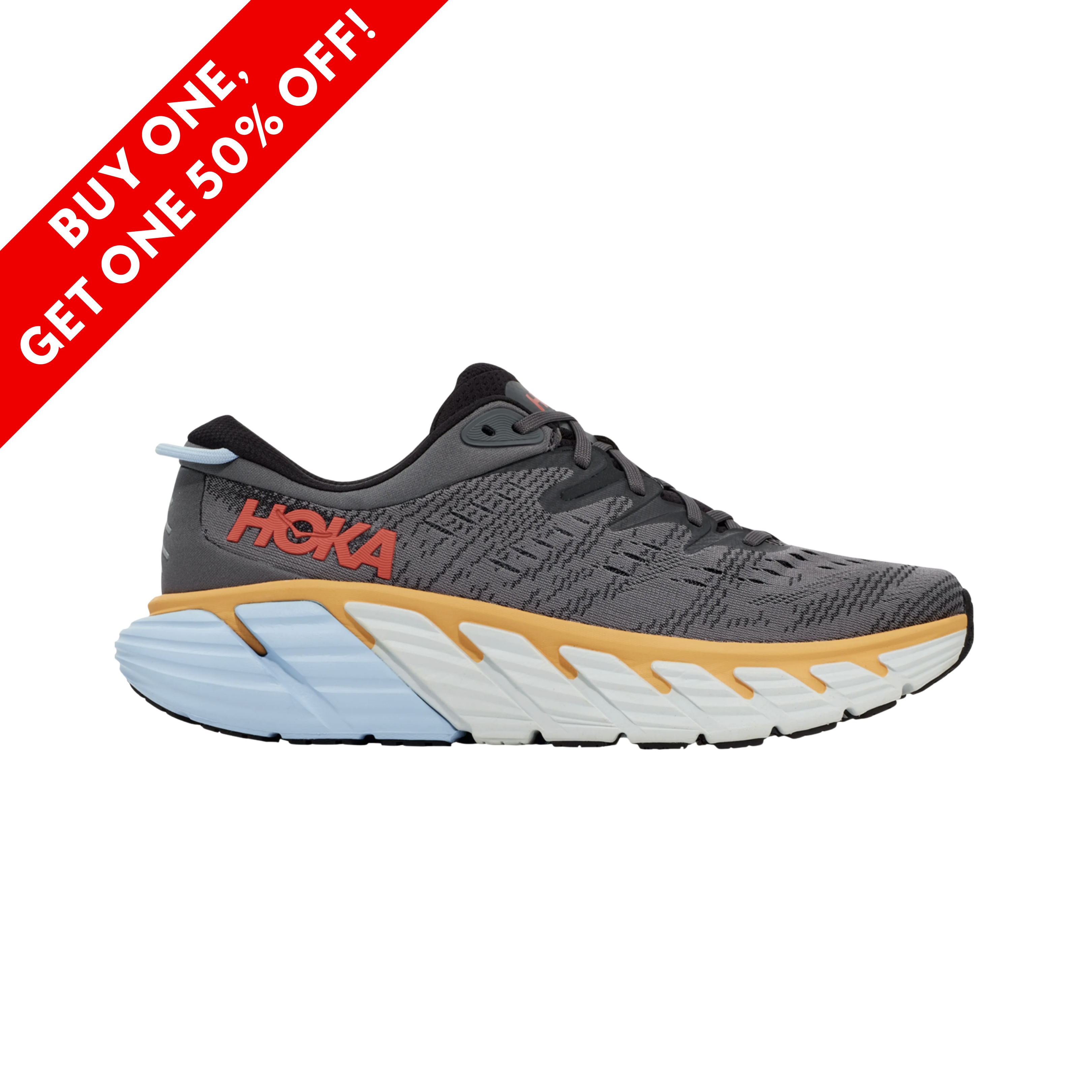 Side View of Men’s Hoka Gaviota 4 running shoe in castlerock anthracite – featuring a breathable engineered mesh upper, J-Frame midsole support for stability, and rubber outsole for durable traction and grip.
