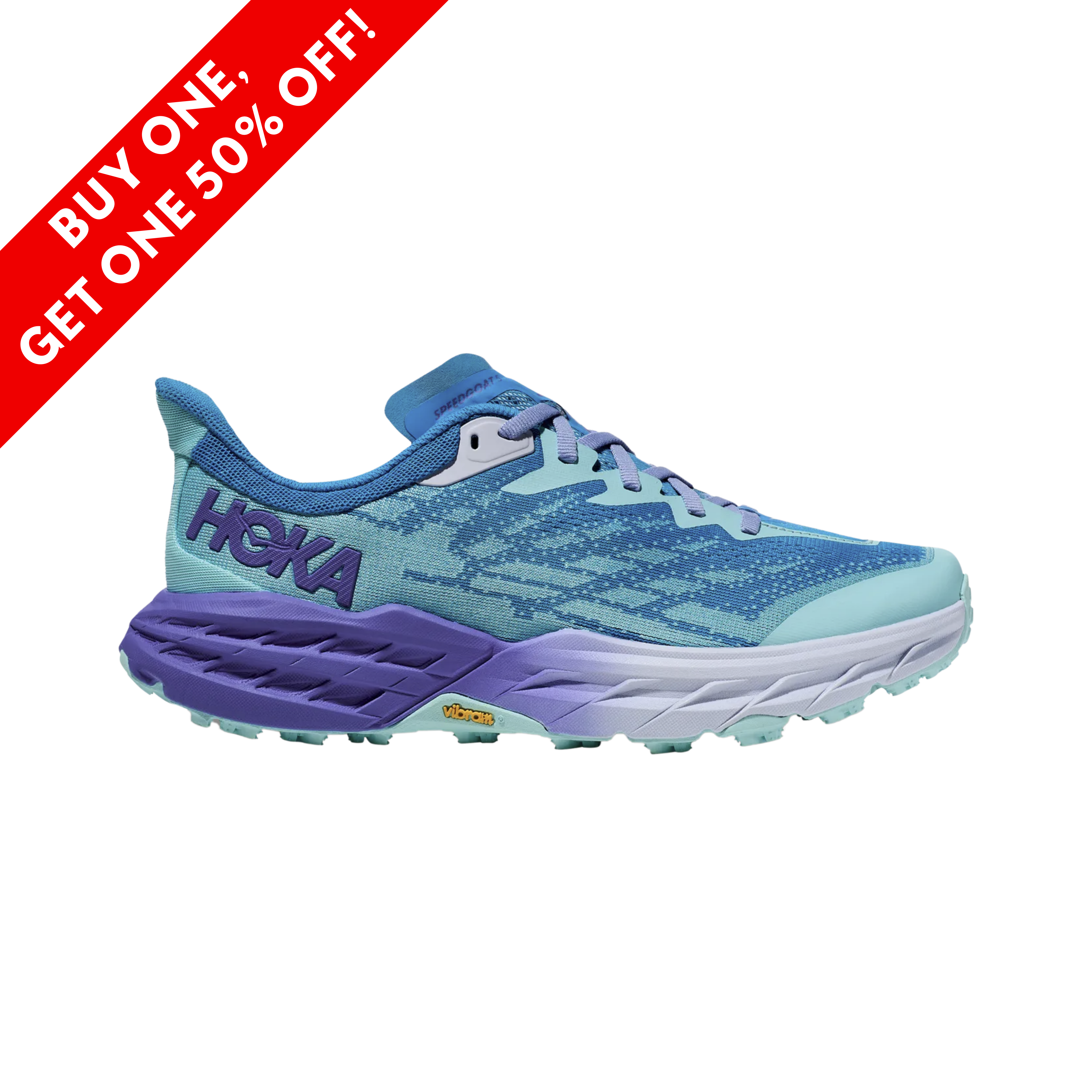 Side View of Women’s Hoka Speedgoat 5 trail running shoe in cloudless cosmo – featuring a breathable engineered mesh upper, CMEVA midsole for responsive cushioning, and Vibram Megagrip outsole for maximum traction on technical trails.