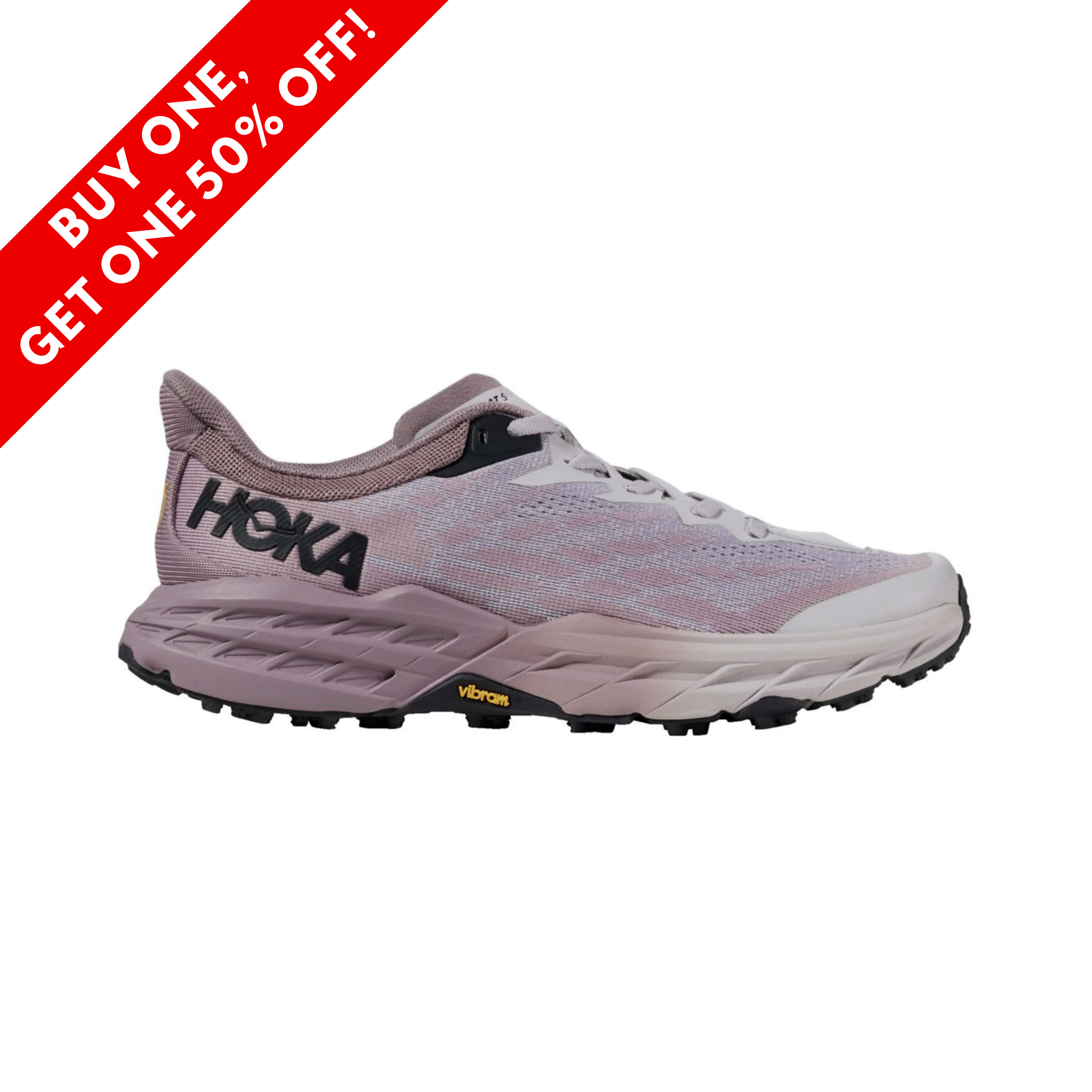 Side View of Women’s Hoka Speedgoat 5 trail running shoe in elderberry lilac marble – featuring a breathable engineered mesh upper, CMEVA midsole for plush cushioning, and Vibram Megagrip outsole for excellent traction on uneven terrain.