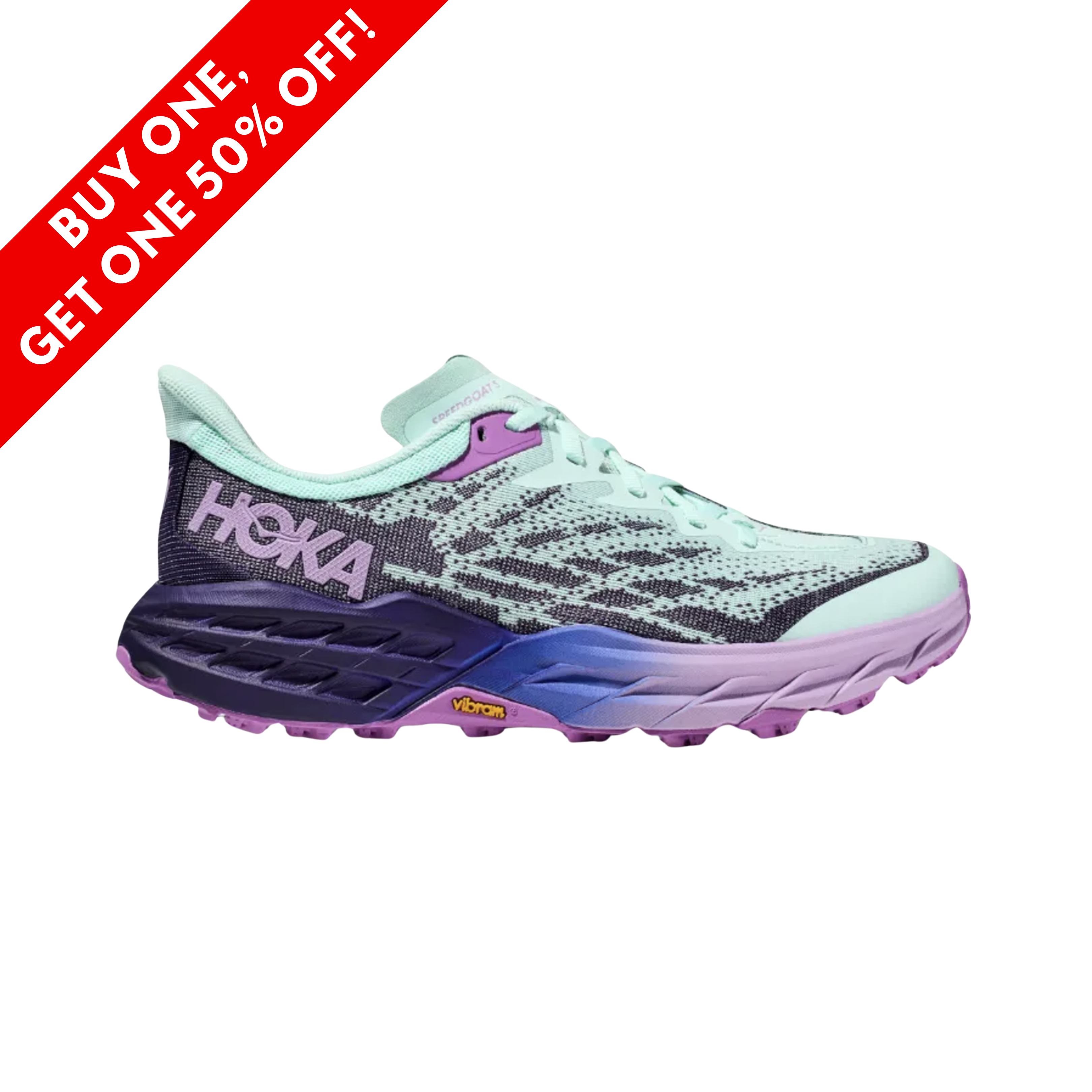 Side View of Women’s Hoka Speedgoat 5 trail running shoe in sunlit ocean nightsky – featuring a breathable engineered mesh upper, CMEVA midsole for responsive cushioning, and Vibram Megagrip outsole for superior grip on varied terrain.