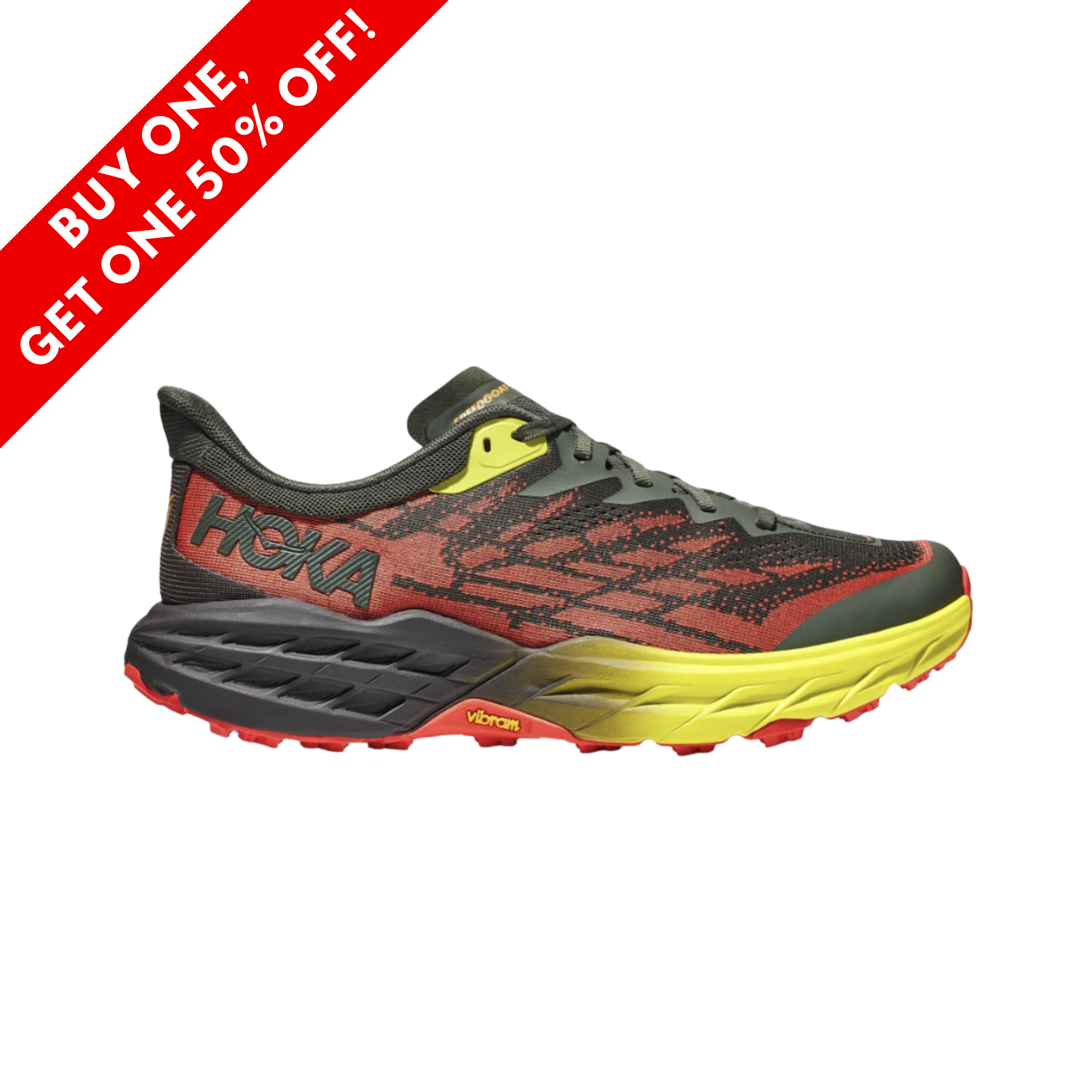 Side View of Men’s Hoka Speedgoat 5 trail running shoe in thyme fiesta – featuring a breathable engineered mesh upper, CMEVA midsole for lightweight cushioning, and Vibram Megagrip outsole for exceptional traction on rugged terrain.