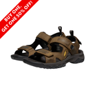 Side View of Men’s Keen Targhee III Open Toe Sandal in bison mulch – featuring a waterproof leather and mesh upper, quick-dry lining for all-day comfort, and durable rubber outsole with multi-directional lugs for enhanced traction.