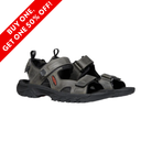 Side View of Men’s Keen Targhee III Open Toe Sandal in grey black – featuring a waterproof leather and mesh upper, quick-dry lining for active use, and durable rubber outsole with multi-directional lugs for superior traction.