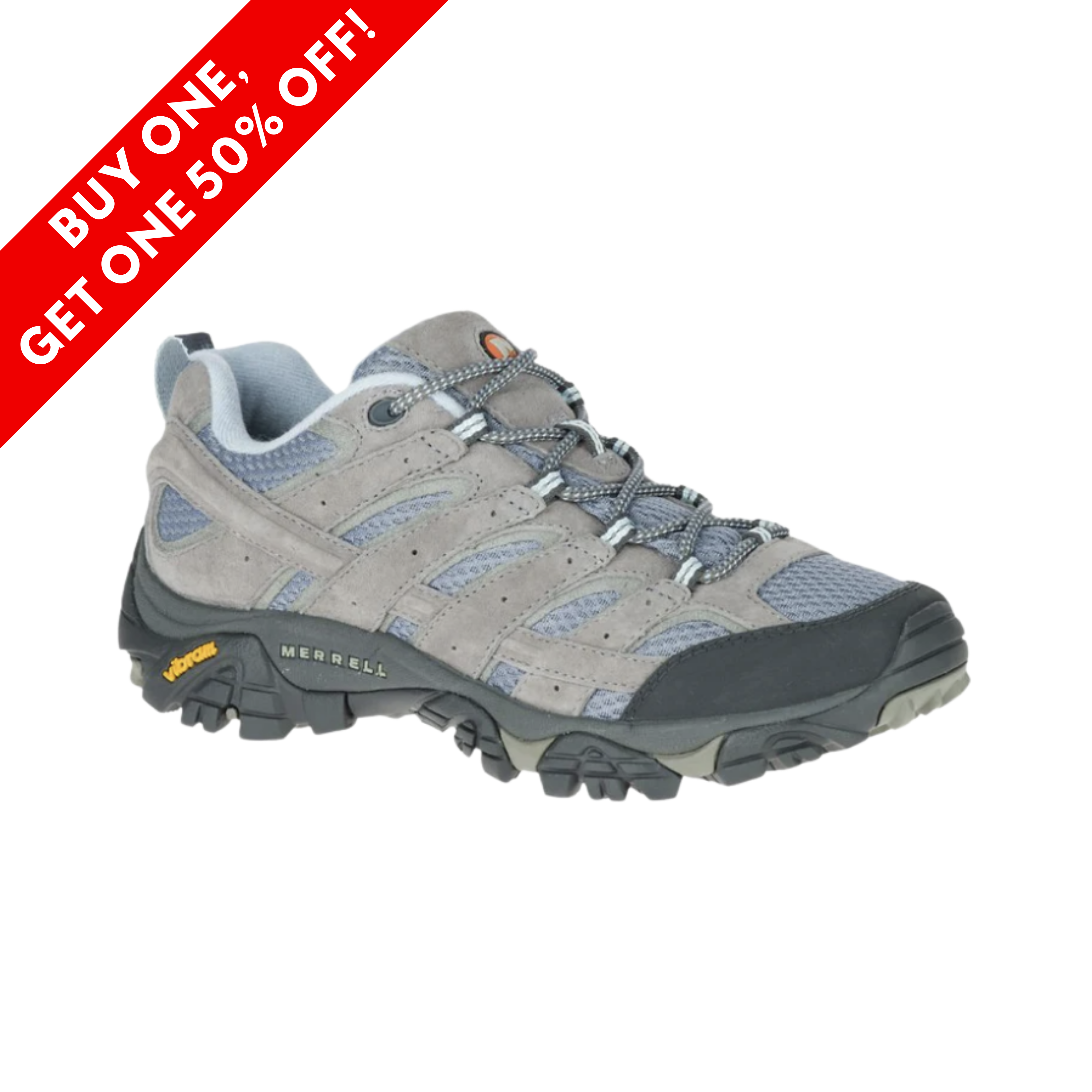 Side View of Women’s Merrell Moab 2 Vent hiking shoe in smoke – featuring a durable suede leather and mesh upper, Merrell Air Cushion in the heel for shock absorption, and Vibram outsole for rugged traction on varied terrain