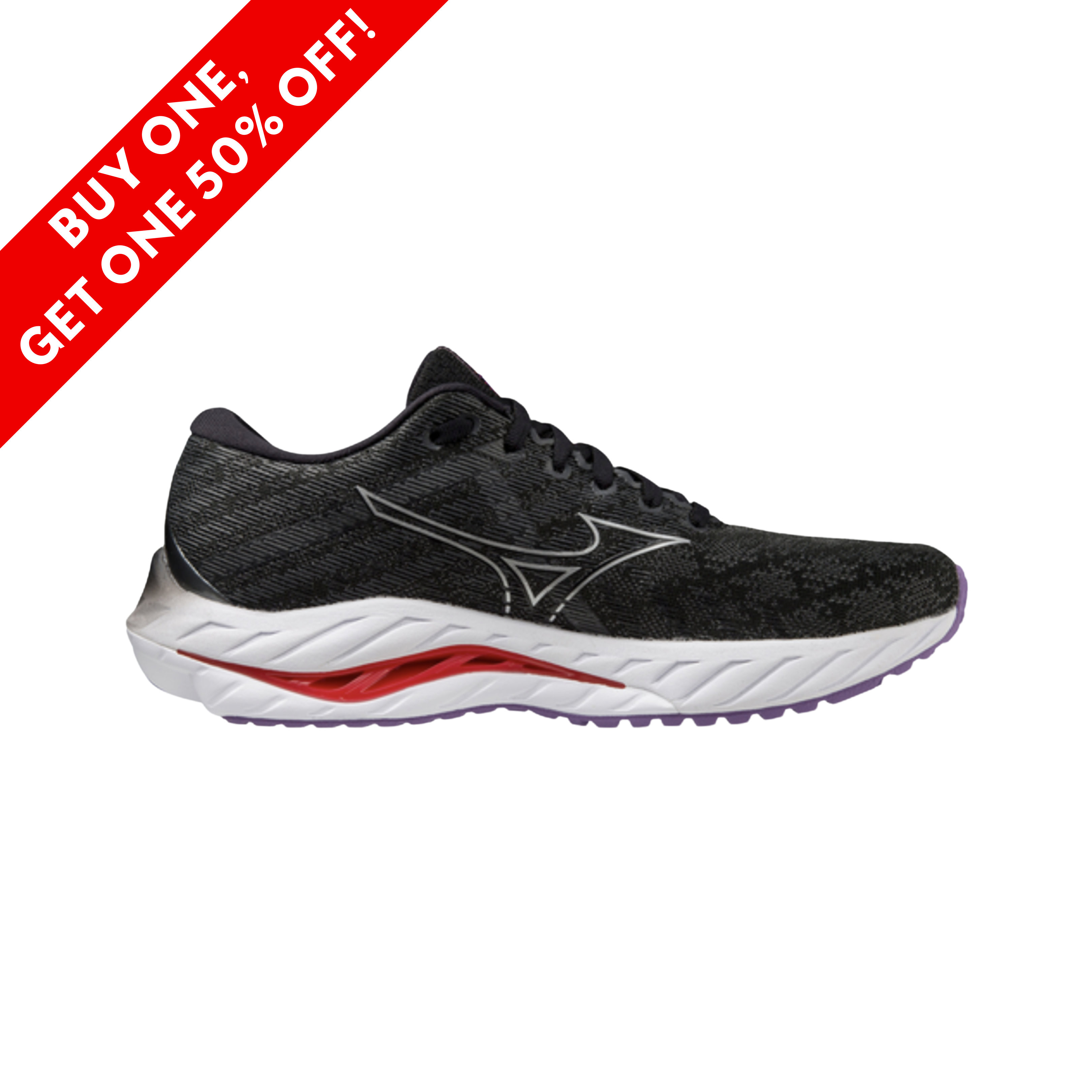 Side View of Women’s Mizuno Wave Inspire 19 running shoe in black silver red – featuring a breathable engineered mesh upper, Mizuno Enerzy foam for soft responsive cushioning, and Wave Plate technology for enhanced stability and motion control.