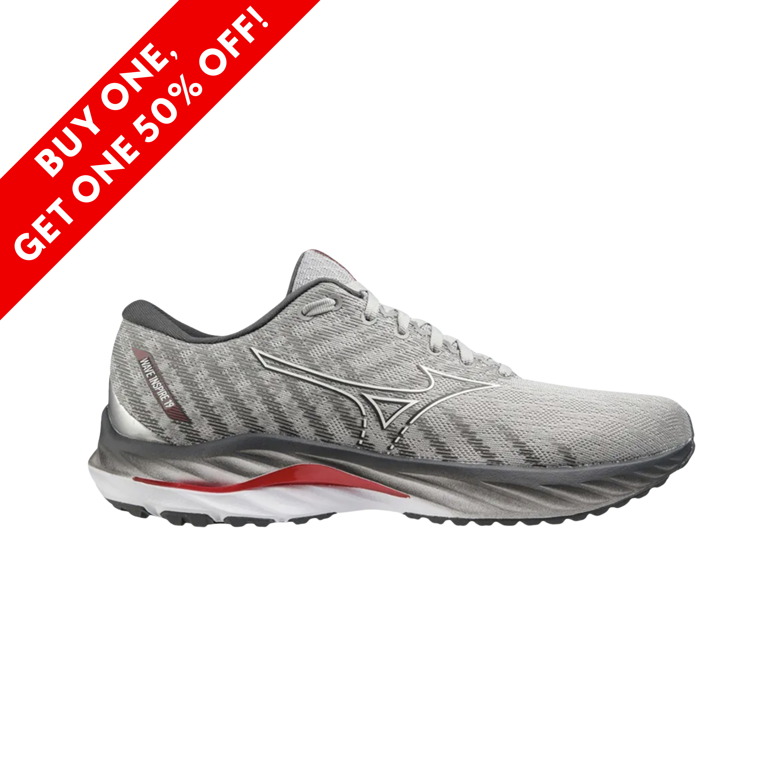 Side View of Men’s Mizuno Wave Inspire 19 running shoe in grey white red – featuring a breathable engineered mesh upper, Mizuno Enerzy foam for responsive cushioning, and Wave Plate technology for added stability and support.