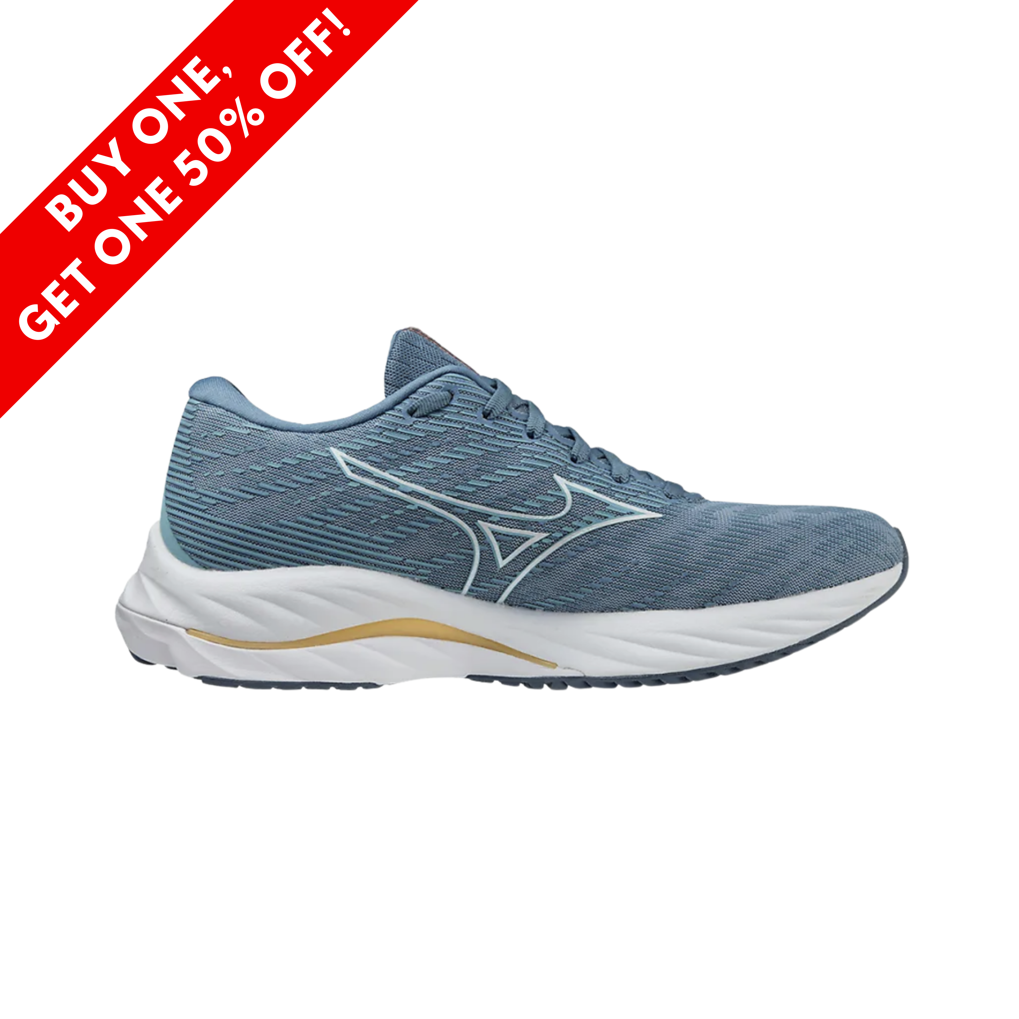 Side View of Women’s Mizuno Wave Rider 26 running shoe in mountain spring white – featuring a breathable engineered mesh upper, Mizuno Enerzy midsole for soft responsive cushioning, and durable X10 rubber outsole for long-lasting traction.