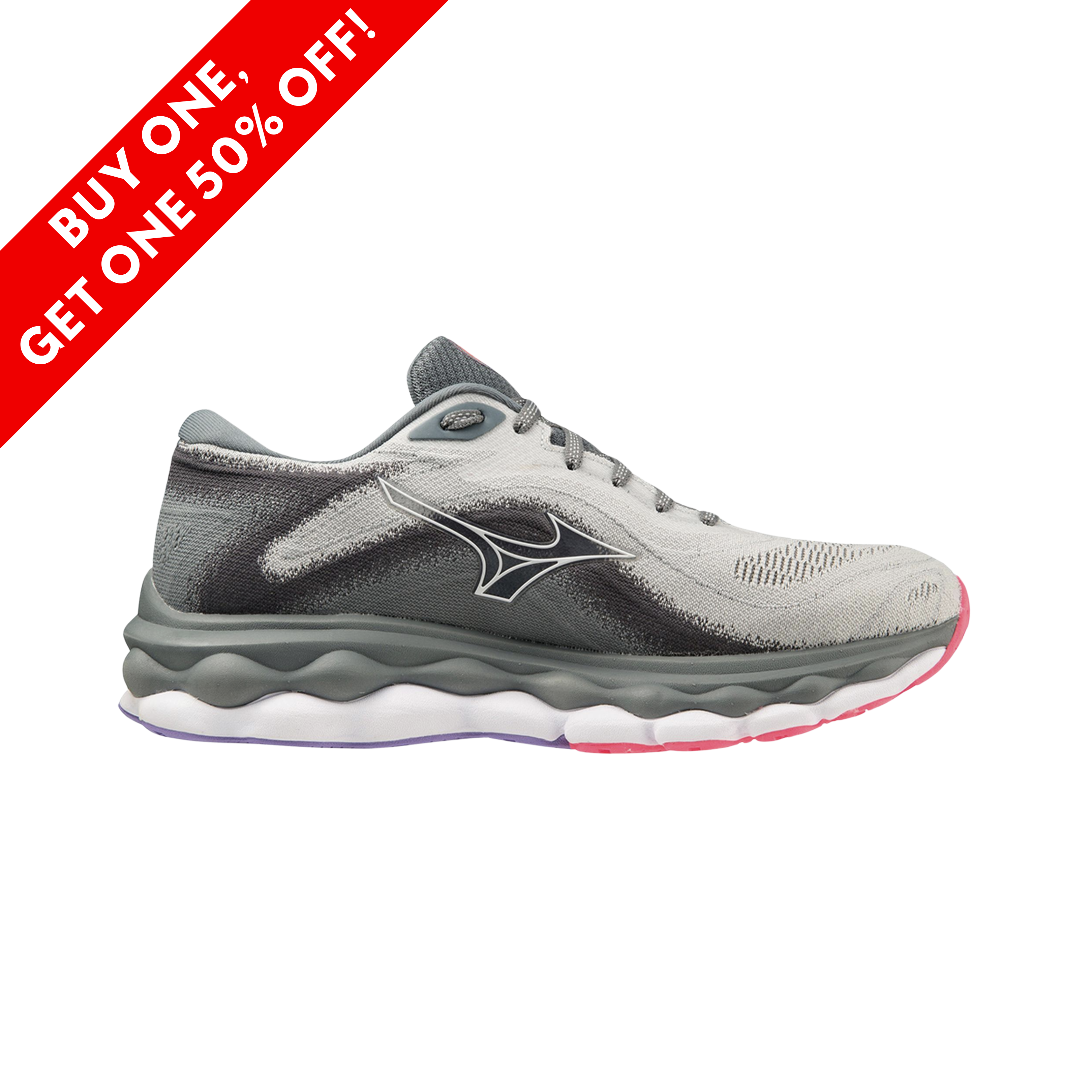 Side View of Women’s Mizuno Wave Sky 7 running shoe in pearl blue white – featuring a breathable stretch woven upper, Mizuno Enerzy Core midsole for plush cushioning, and durable X10 rubber outsole for long-lasting traction.