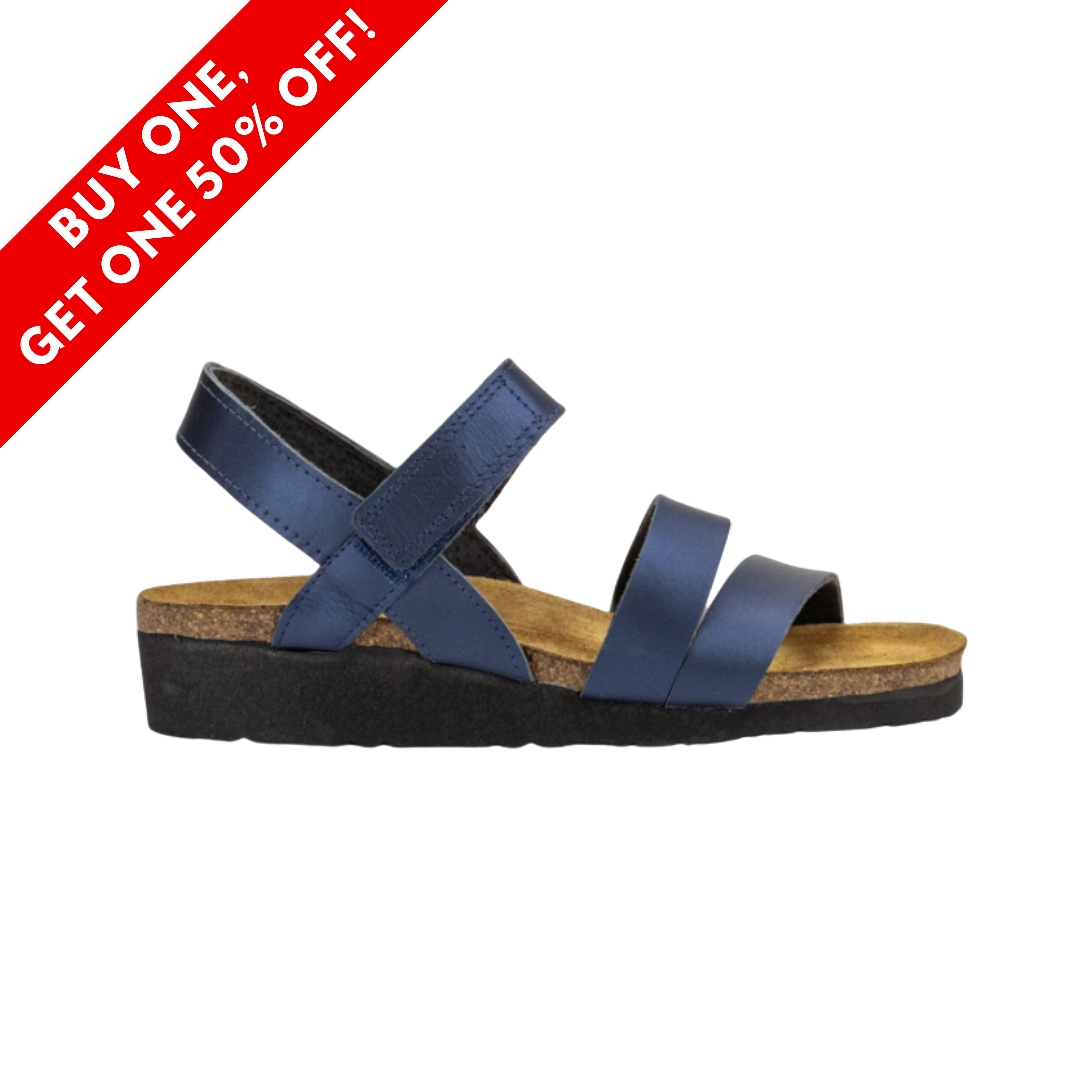Side View of Women’s Naot Kayla sandal in polar sea leather – featuring a soft leather upper with triple strap design, anatomic cork and latex footbed for cushioned arch support, and lightweight slip-resistant outsole for flexibility.
