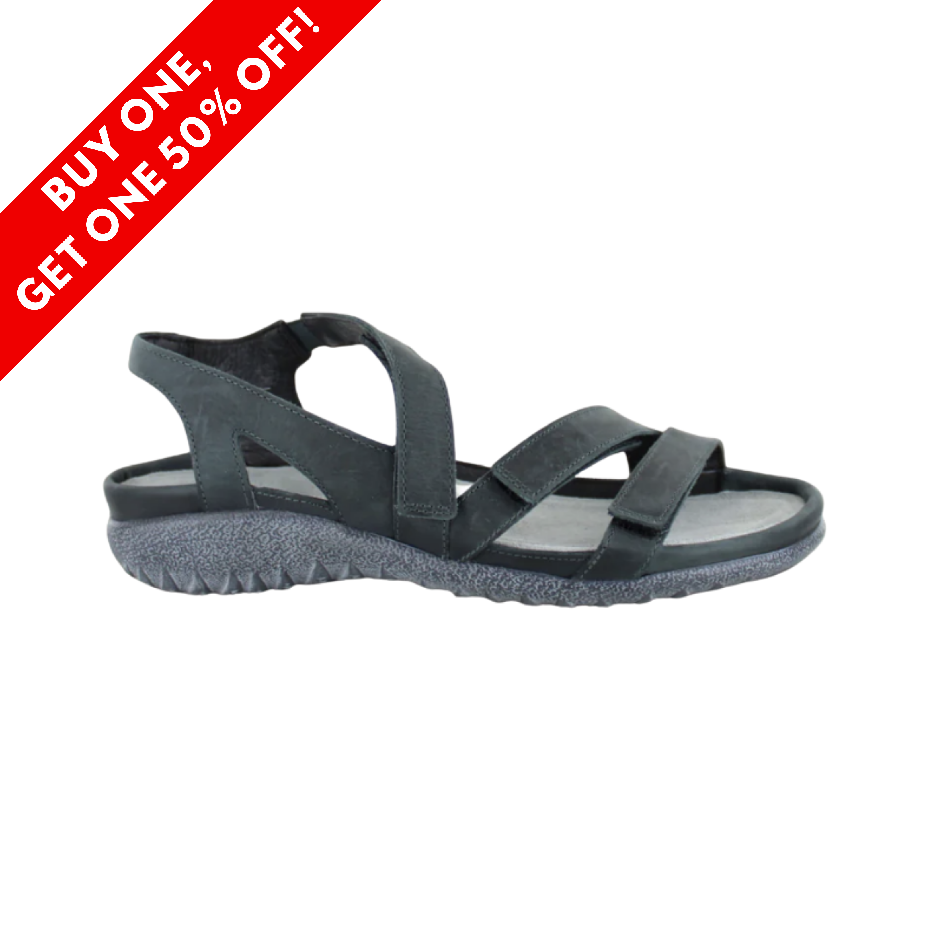 Side View of Women’s Naot Whetu sandal in oily shadow nubuck – featuring a soft nubuck leather upper, cushioned anatomic cork and latex footbed, and flexible slip-resistant outsole for all-day comfort.