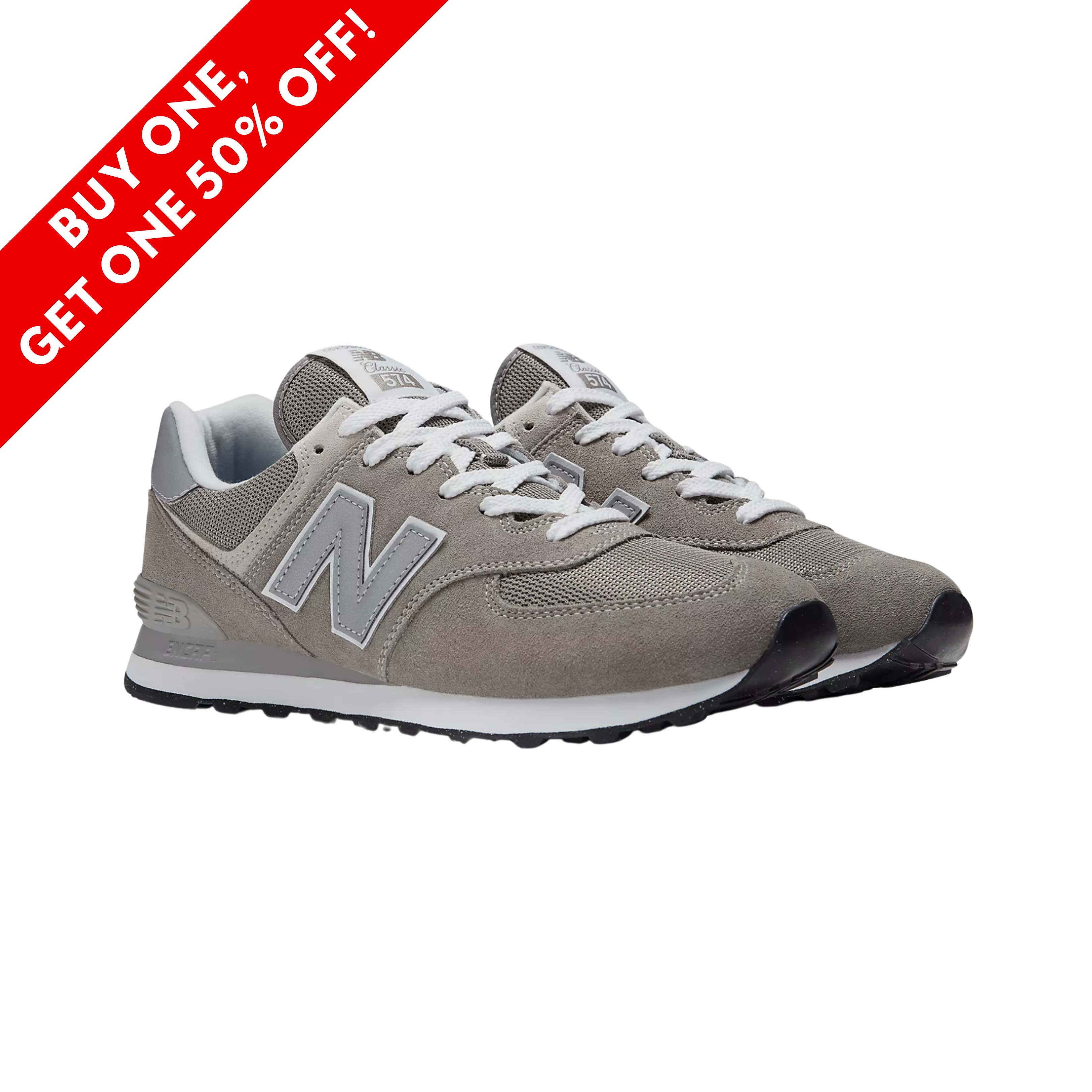 Side View of Men’s New Balance 574 Core sneaker in grey with white – featuring a suede and mesh upper for durability, ENCAP midsole cushioning for support, and durable rubber outsole for reliable everyday traction.