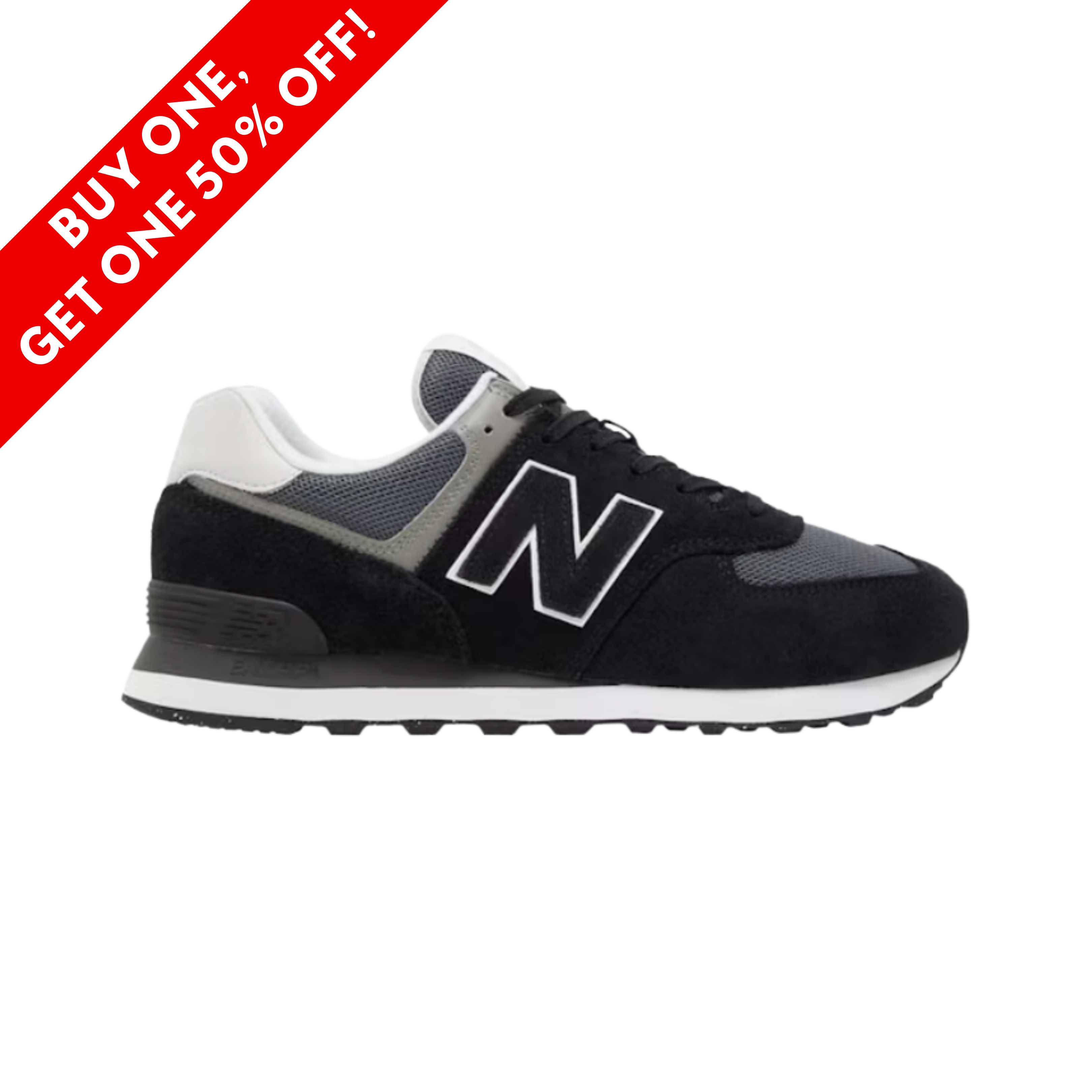 Side View of Men’s New Balance 574 sneaker in black with white and grey – featuring a suede and mesh upper for durability, ENCAP midsole cushioning for added support, and durable rubber outsole for everyday performance.